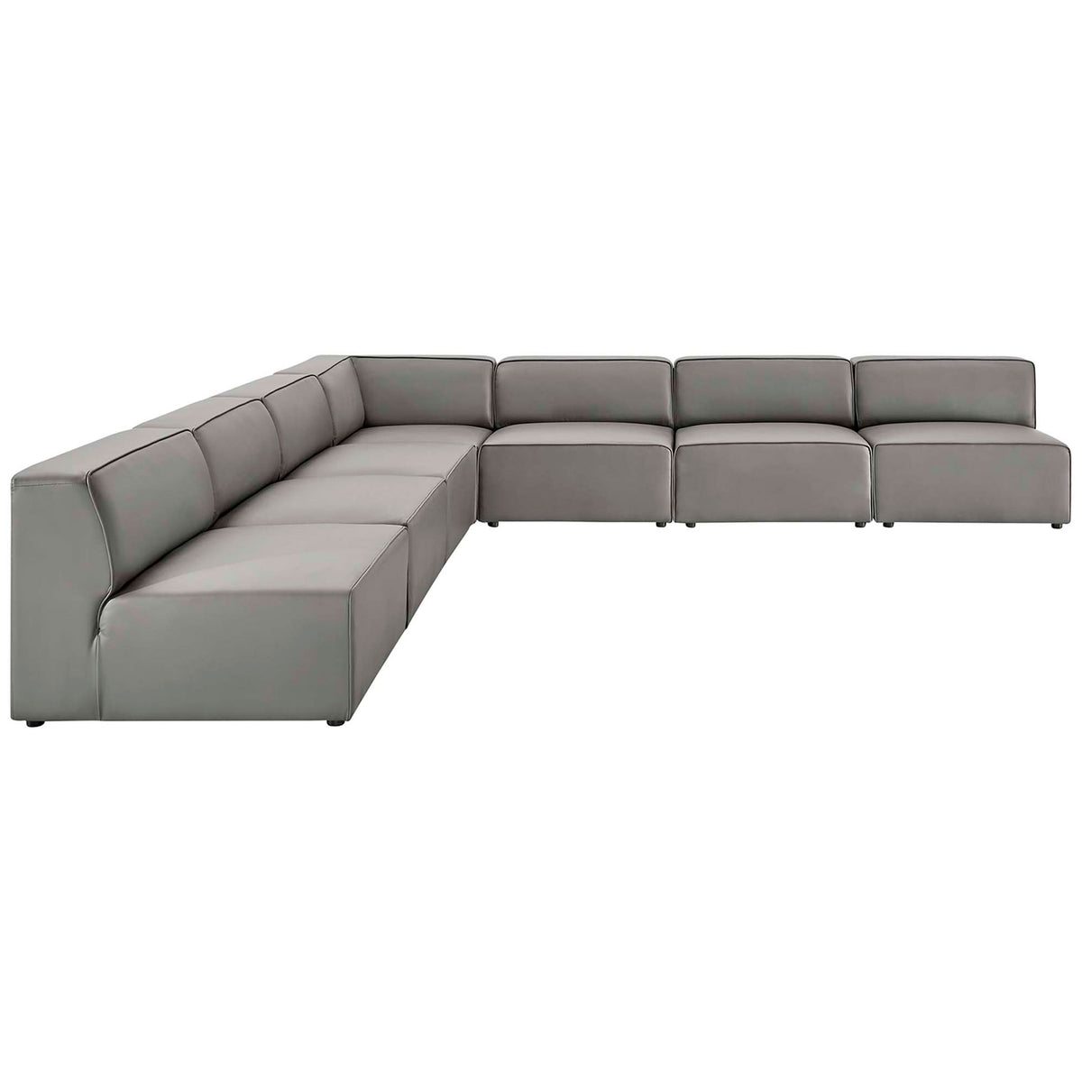 Generous wraparound seating in a modern gray vegan leather modular sectional sofa || EEI-4797-GRY || front_angle_studio