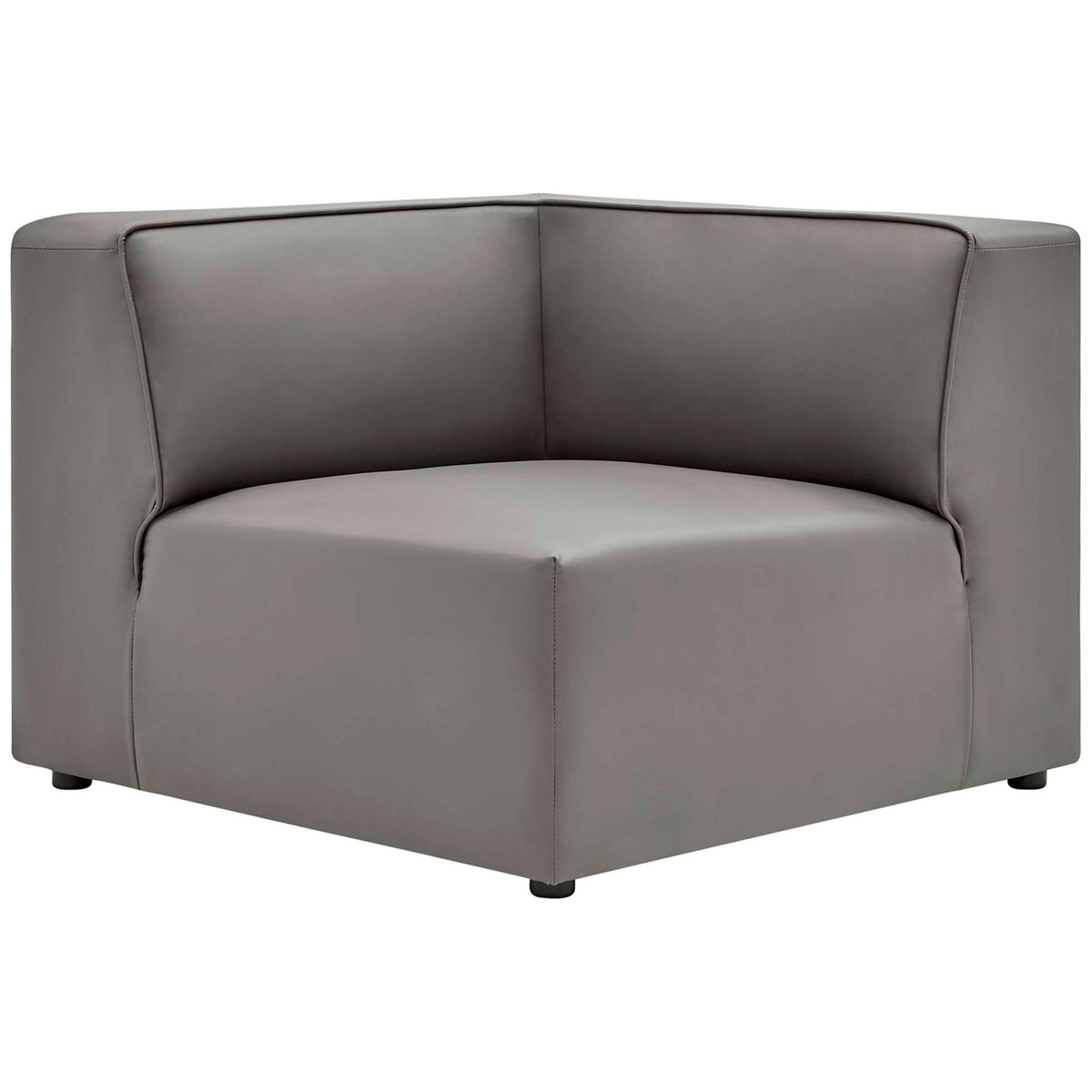 Plush gray vegan leather corner chair module with clean lines and smooth cushioned seat || EEI-4797-GRY || front_angle_partial_studio