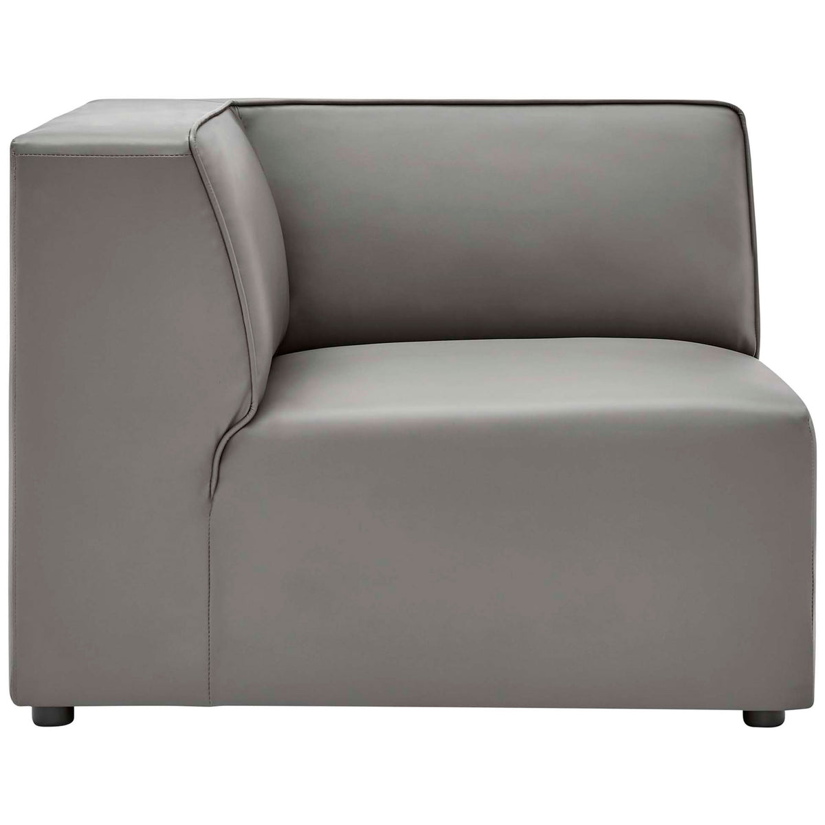 Streamlined profile of the gray vegan leather corner seat showing softly curved backrest || EEI-4797-GRY || side_partial_studio