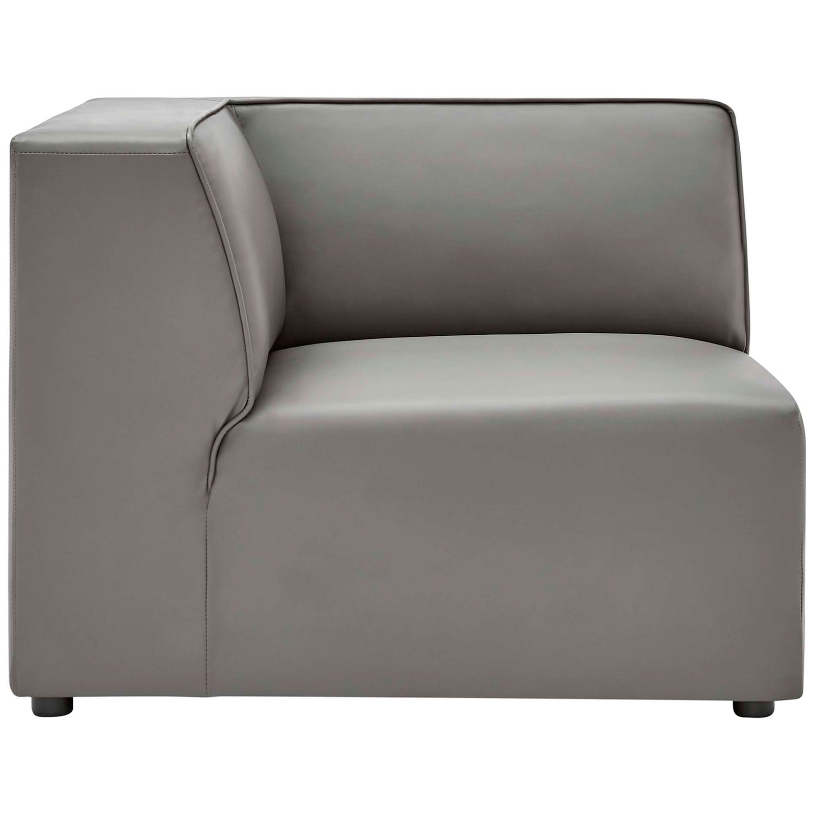 Streamlined profile of the gray vegan leather corner seat showing softly curved backrest || EEI-4797-GRY || side_partial_studio