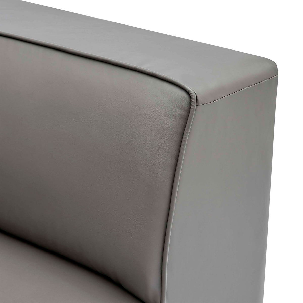 Upholstery detail of smooth gray vegan leather with elegant trim piping on the back cushion || EEI-4797-GRY || detail_studio