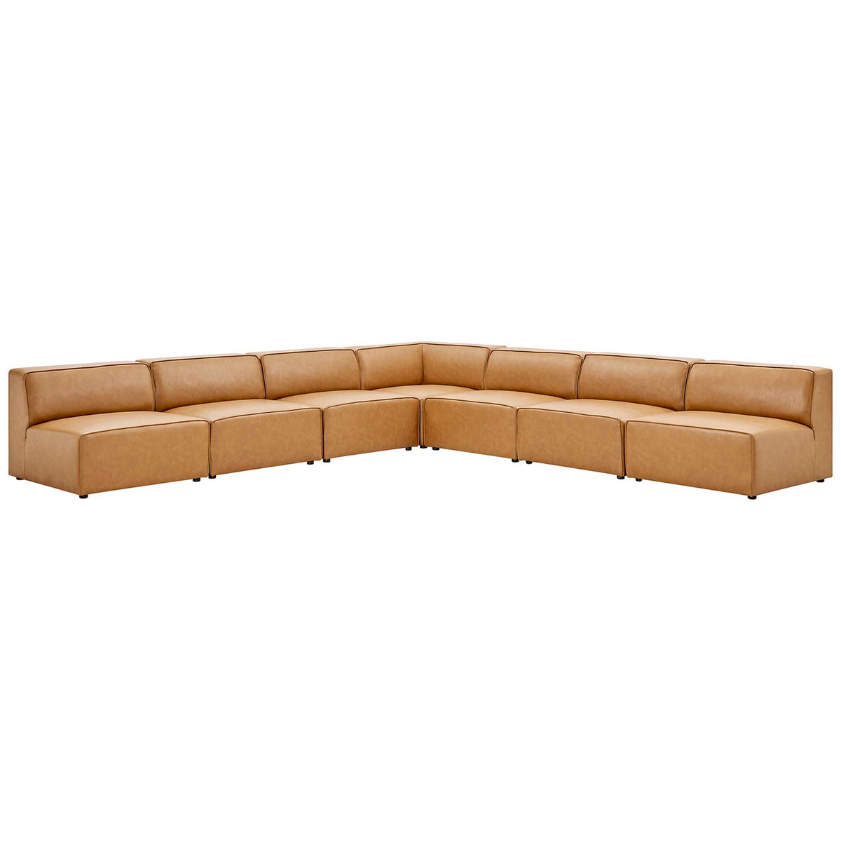 Spacious tan vegan leather sectional with low-profile cushions and generous modular seating || EEI-4797-TAN || front_angle_studio