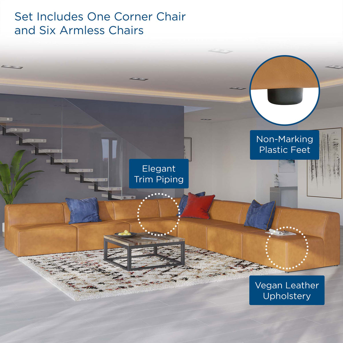 Tan vegan leather sectional in a modern living room with callouts for piping, upholstery, and feet || EEI-4797-TAN || callout_room