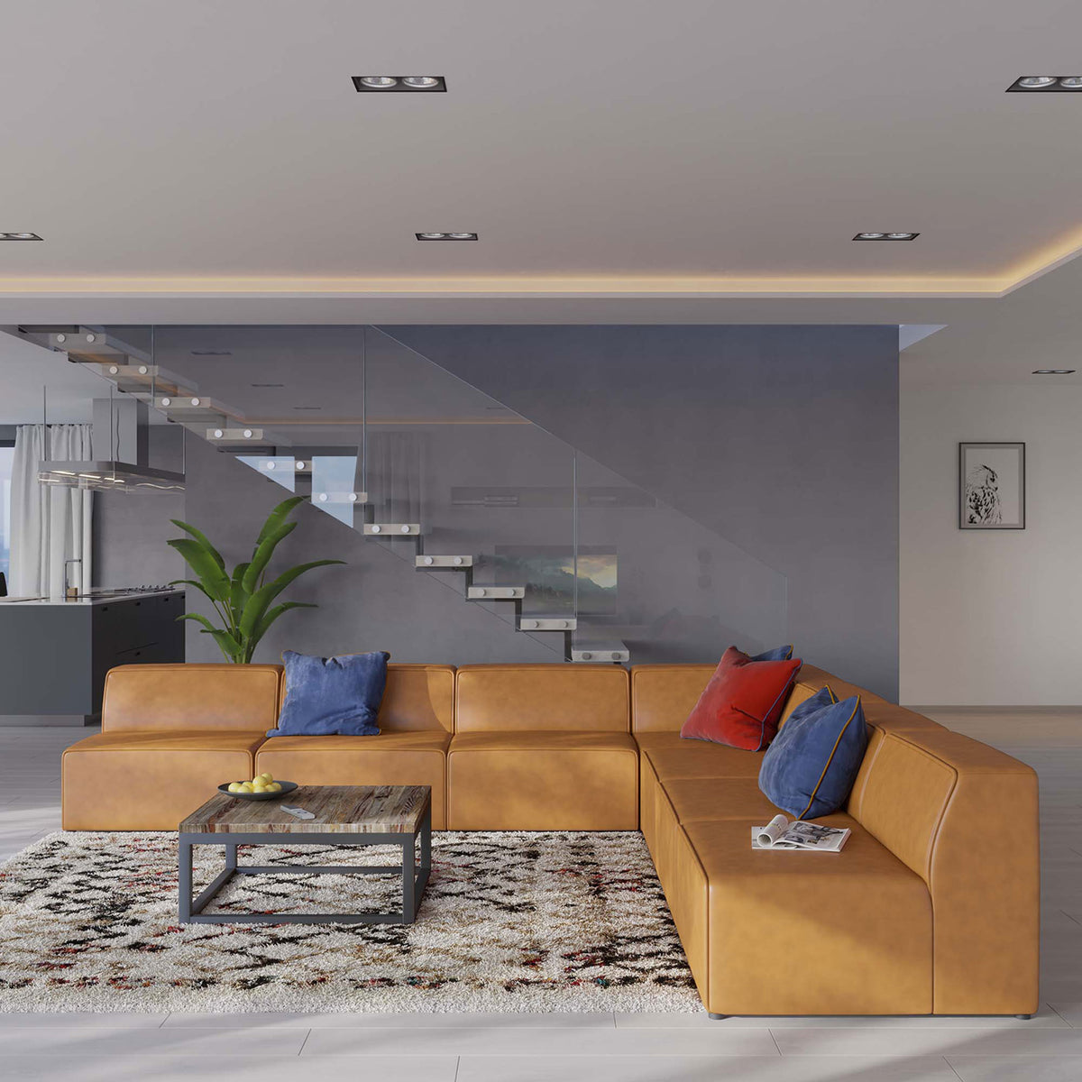 Tan vegan leather sectional styled in a contemporary living room with colorful accent pillows || EEI-4797-TAN || front_angle_room