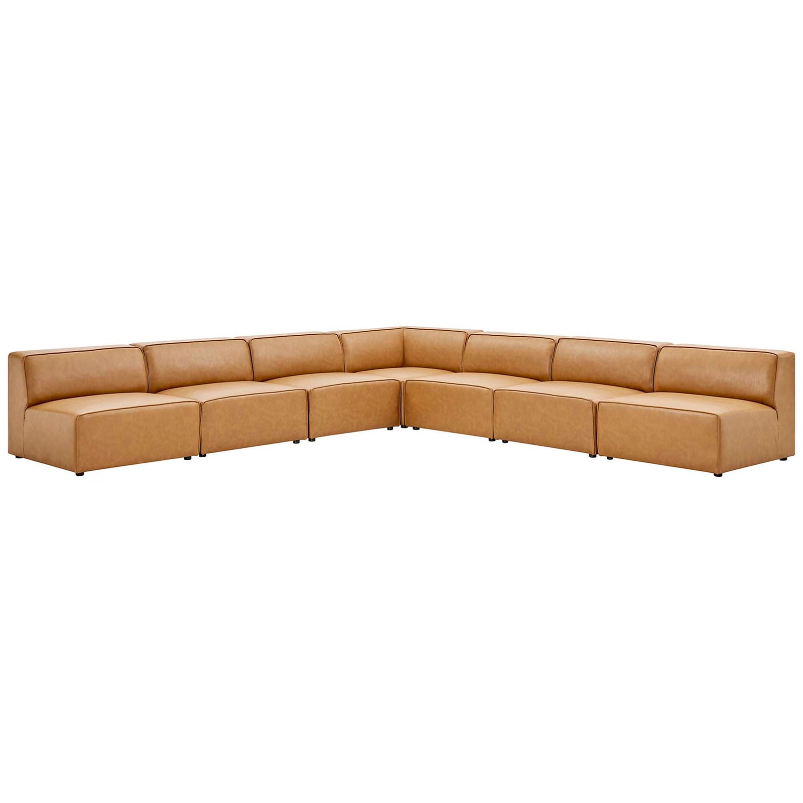 Spacious tan vegan leather sectional with low-profile cushions and generous modular seating || EEI-4797-TAN || front_angle_studio
