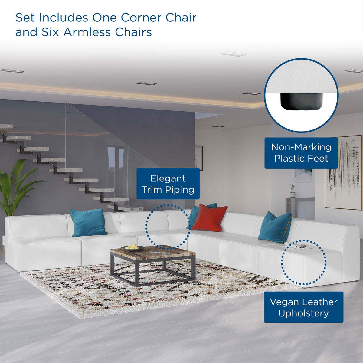 White vegan leather sectional styled in a contemporary living room with callouts to its trim and non-marking feet || EEI-4797-WHI || callout_room