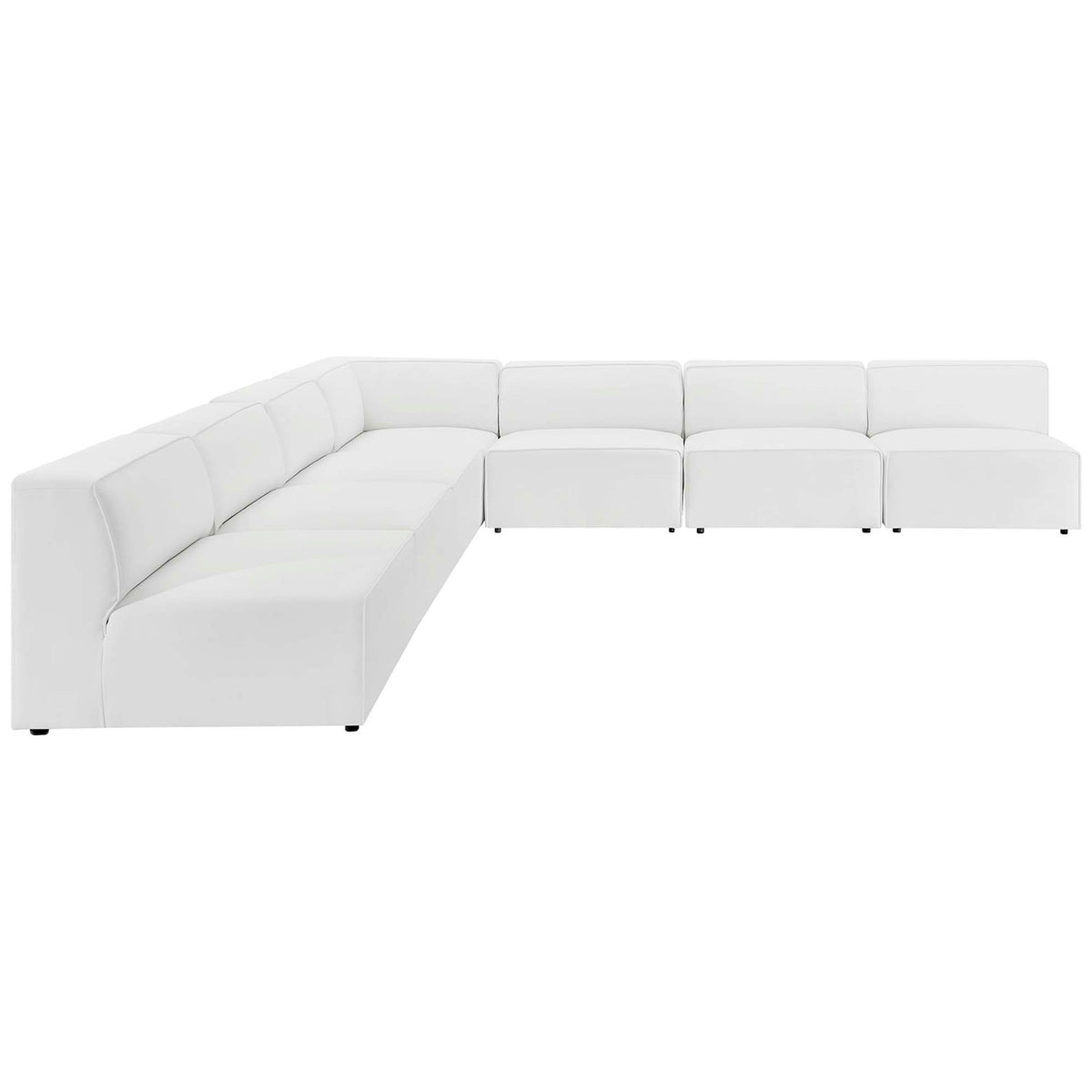 Modular white vegan leather sectional wraps seating around the corner to create a welcoming lounge area || EEI-4797-WHI || front_angle_studio