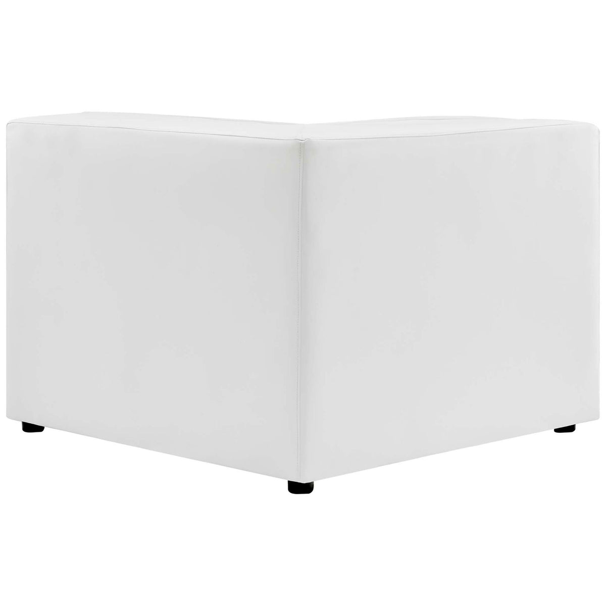 Back view of the corner chair reveals seamless white vegan leather upholstery and simple blocky form || EEI-4797-WHI || back_angle_partial_studio