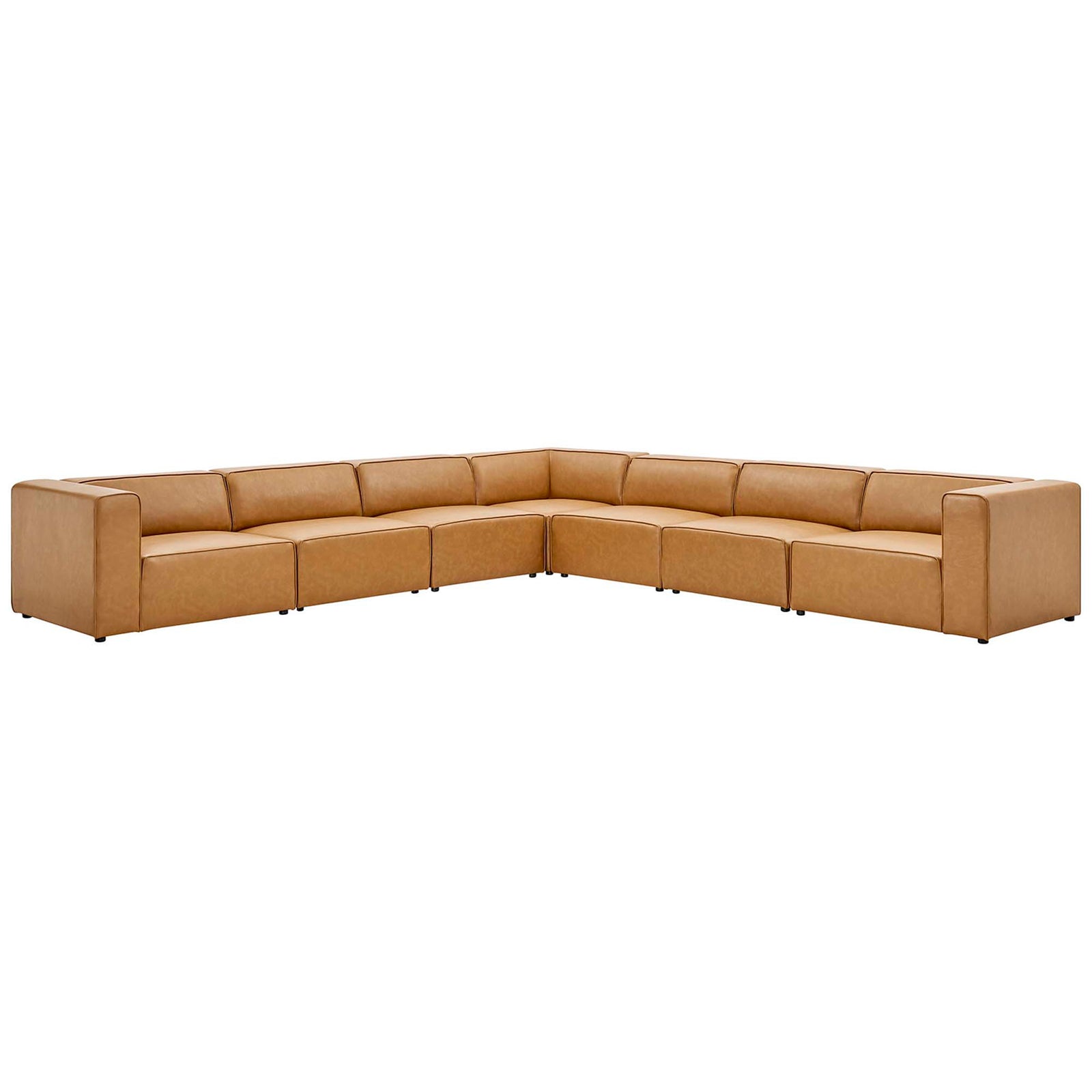 Spacious tan vegan leather L-shaped sectional offers generous seating for modern living rooms. || EEI-4798-TAN || front_angle_studio