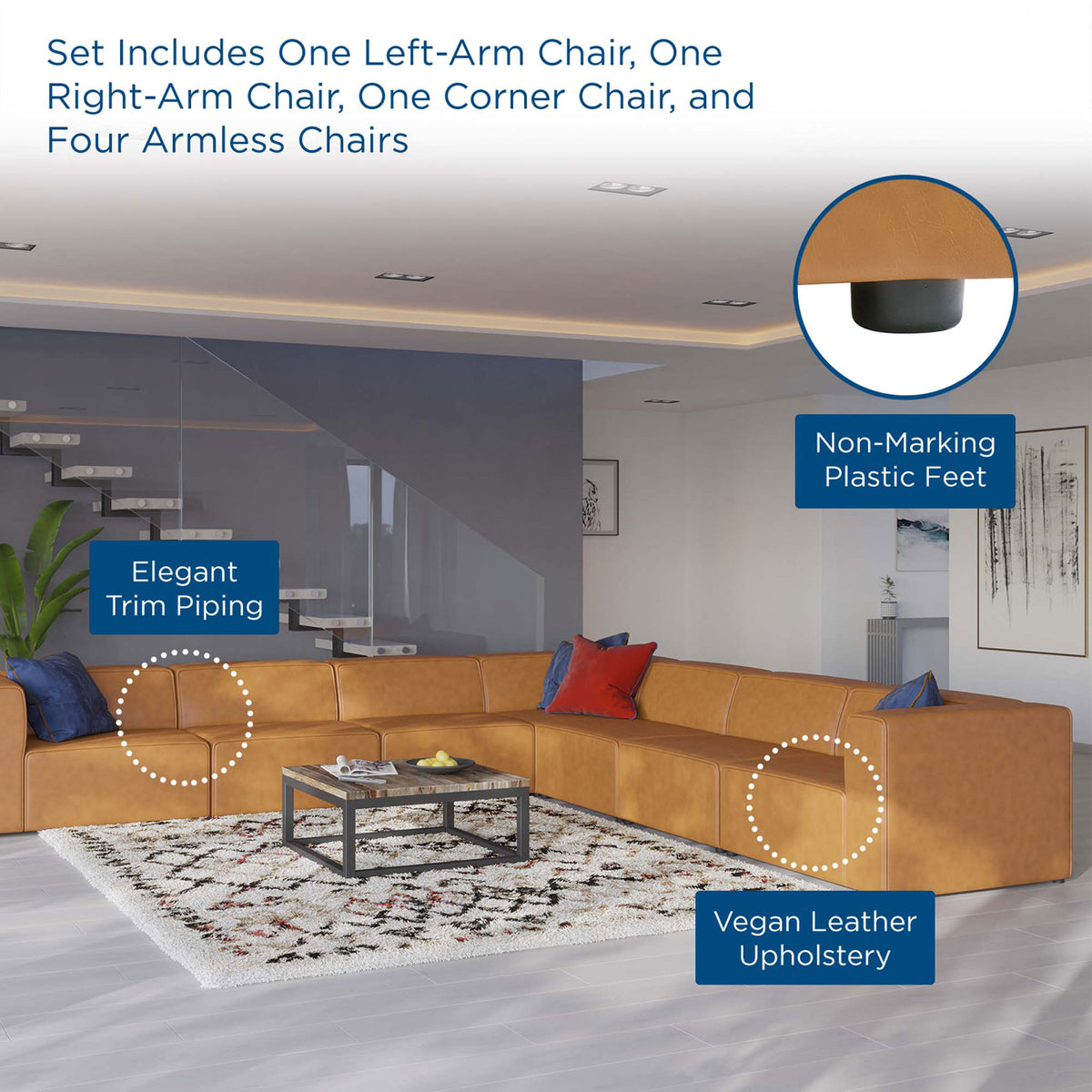 Spacious tan modular sectional styled in a modern living room with callouts to trim piping and vegan leather. || EEI-4798-TAN || callout_room