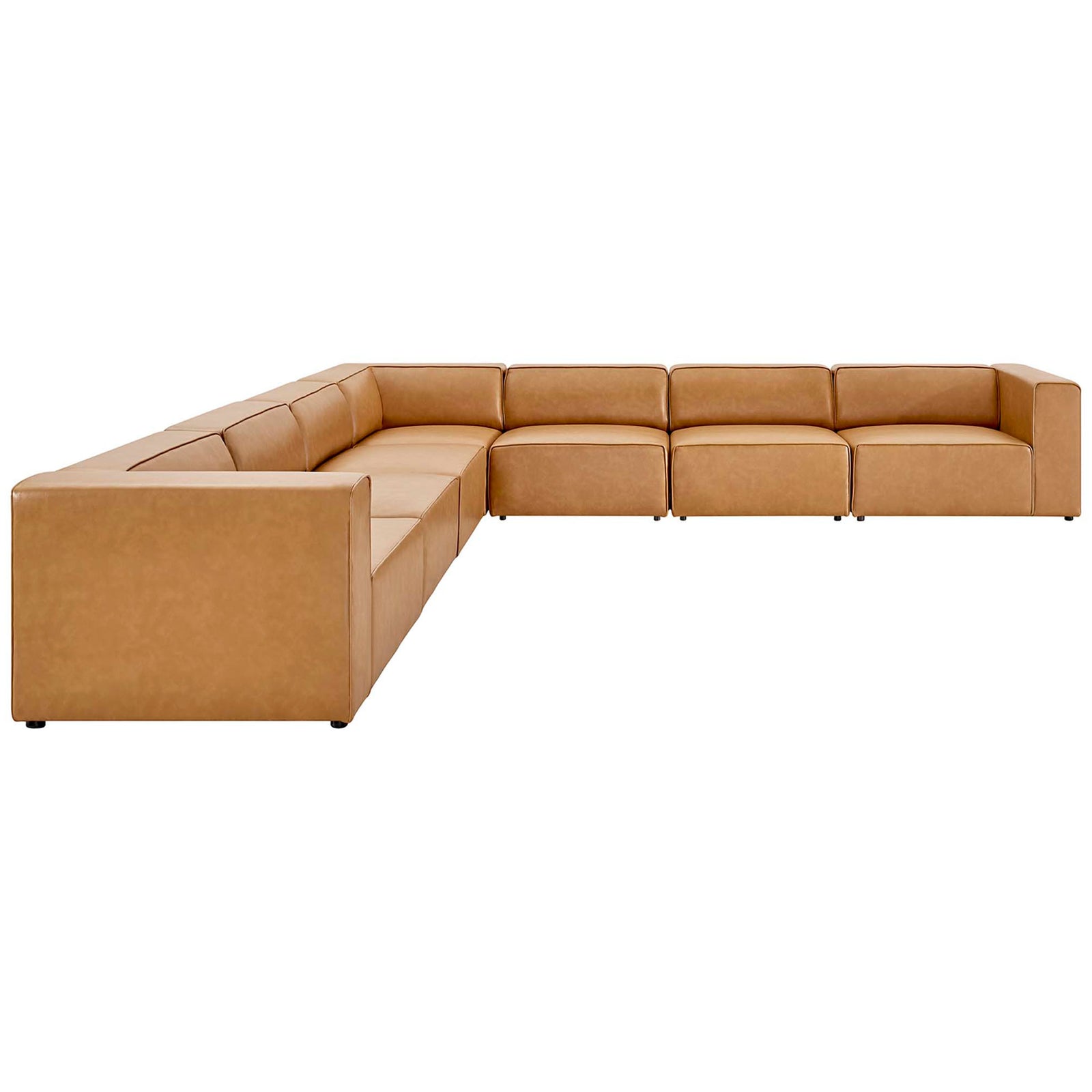 Extended tan vegan leather sectional shows its streamlined silhouette and clean, low-profile back cushions. || EEI-4798-TAN || side_studio