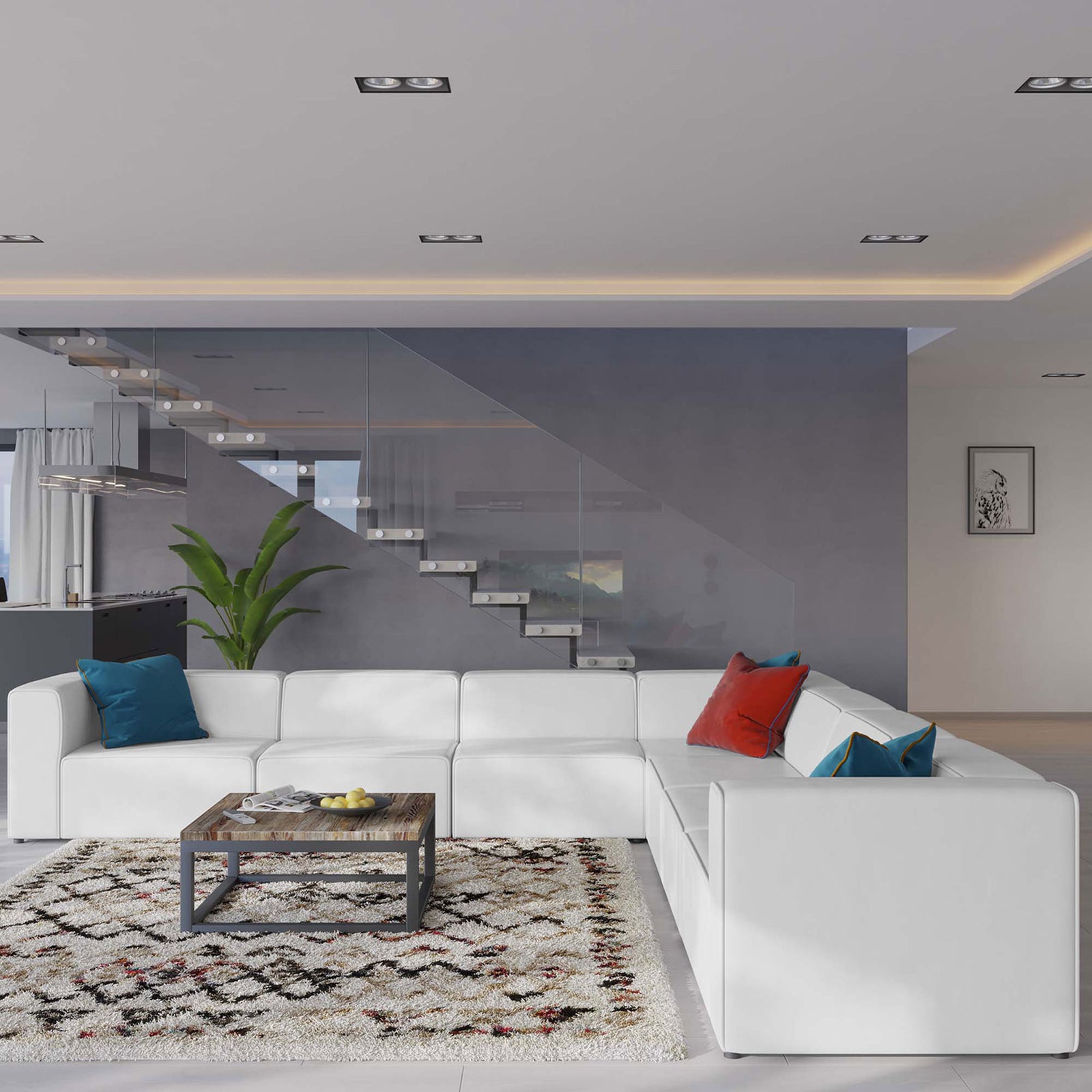 White vegan leather sectional anchors a contemporary living room with textured rug and colorful pillows || EEI-4798-WHI || front_angle_room