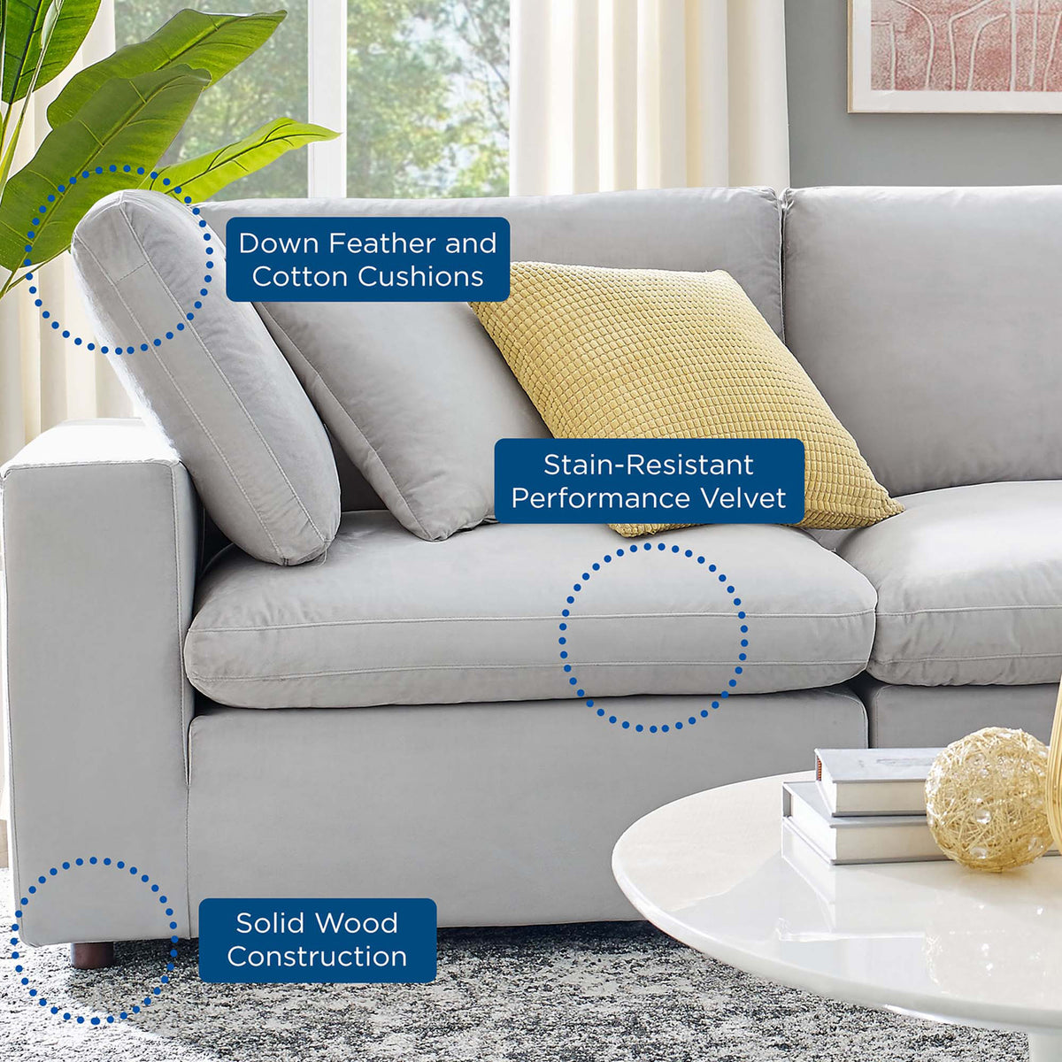 Down and cotton cushions, stain-resistant velvet, and solid wood construction support everyday comfort