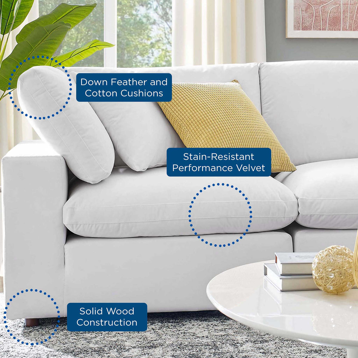 White performance velvet, down-filled cushions, and solid wood construction promise lasting comfort