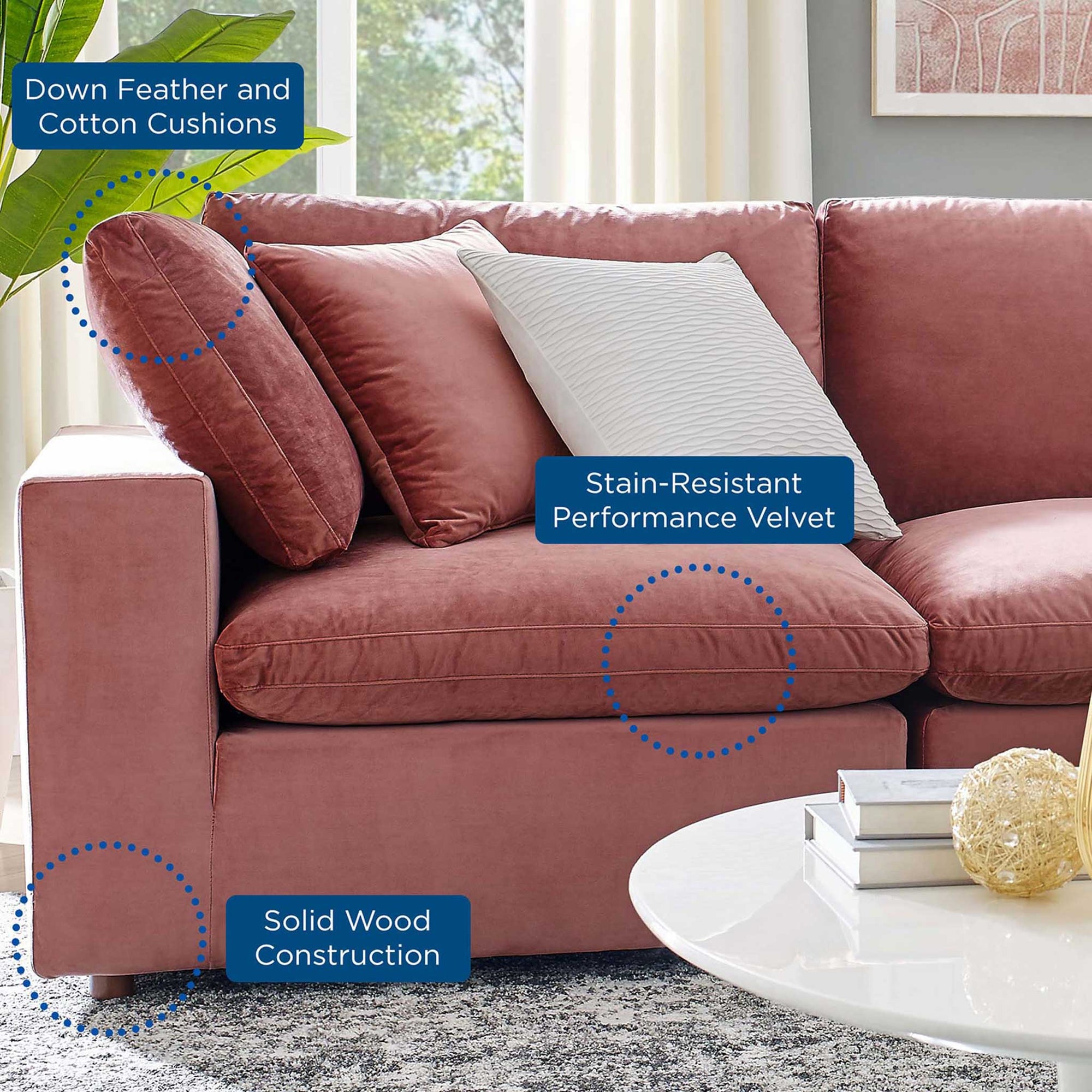 Carmen 4 Piece Modular Velvet Sofa with Ottoman Dusty Rose