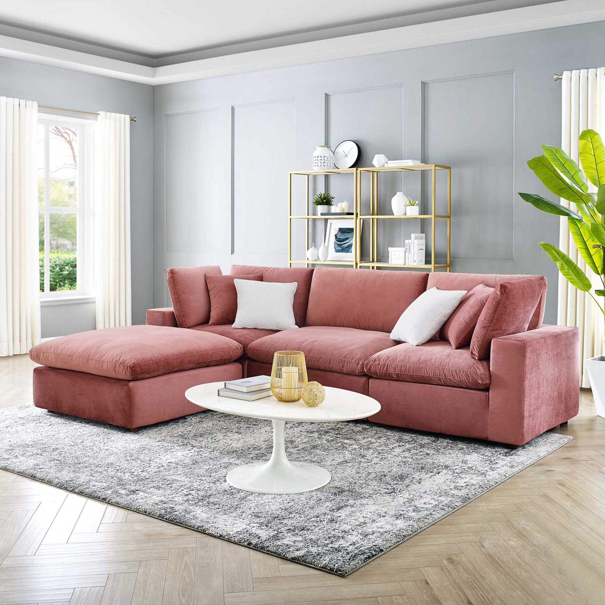 Carmen 4 Piece Modular Velvet Sofa with Ottoman Dusty Rose