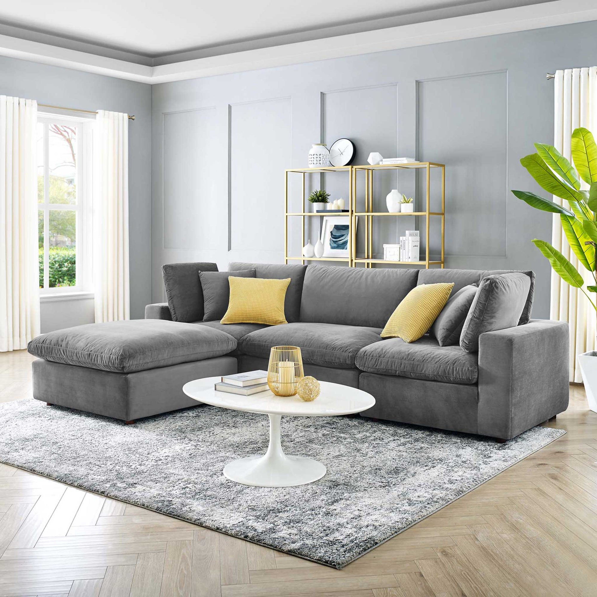 Carmen 4 Piece Modular Velvet Sofa with Ottoman Gray