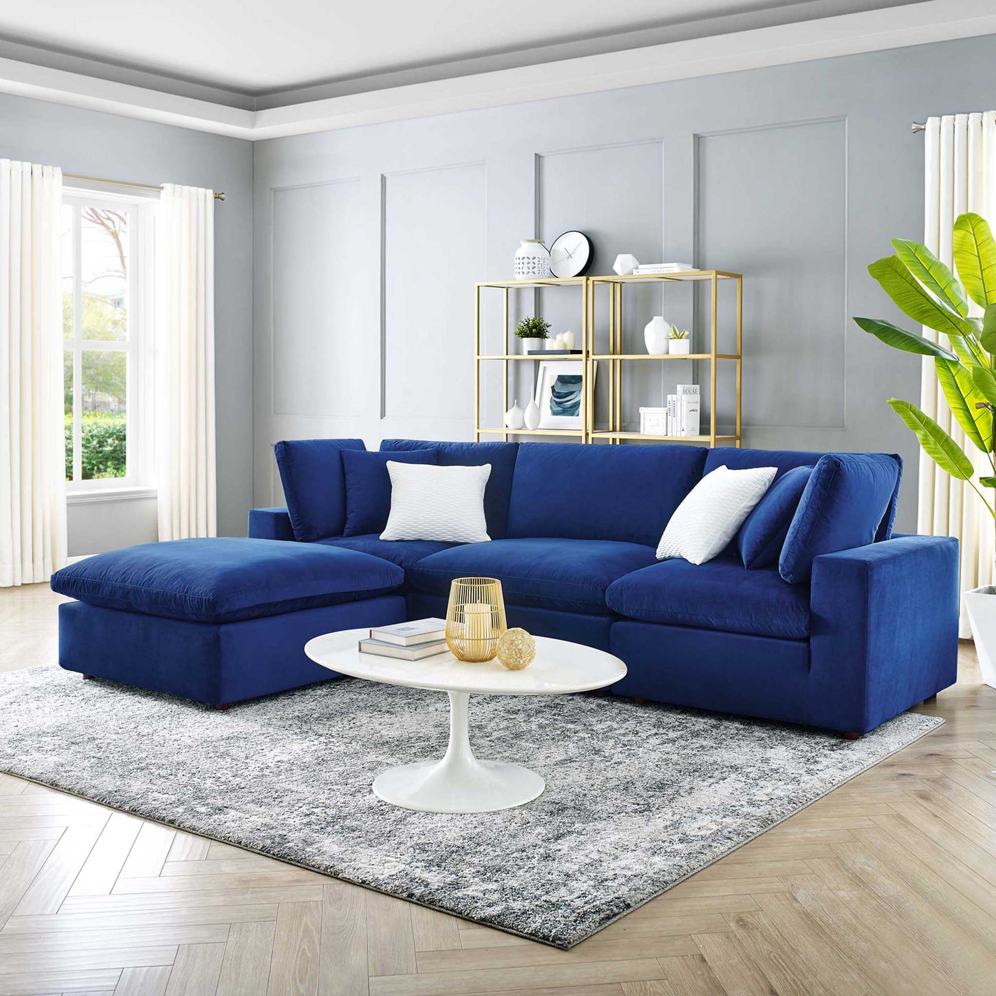 Carmen 4 Piece Modular Velvet Sofa with Ottoman Navy