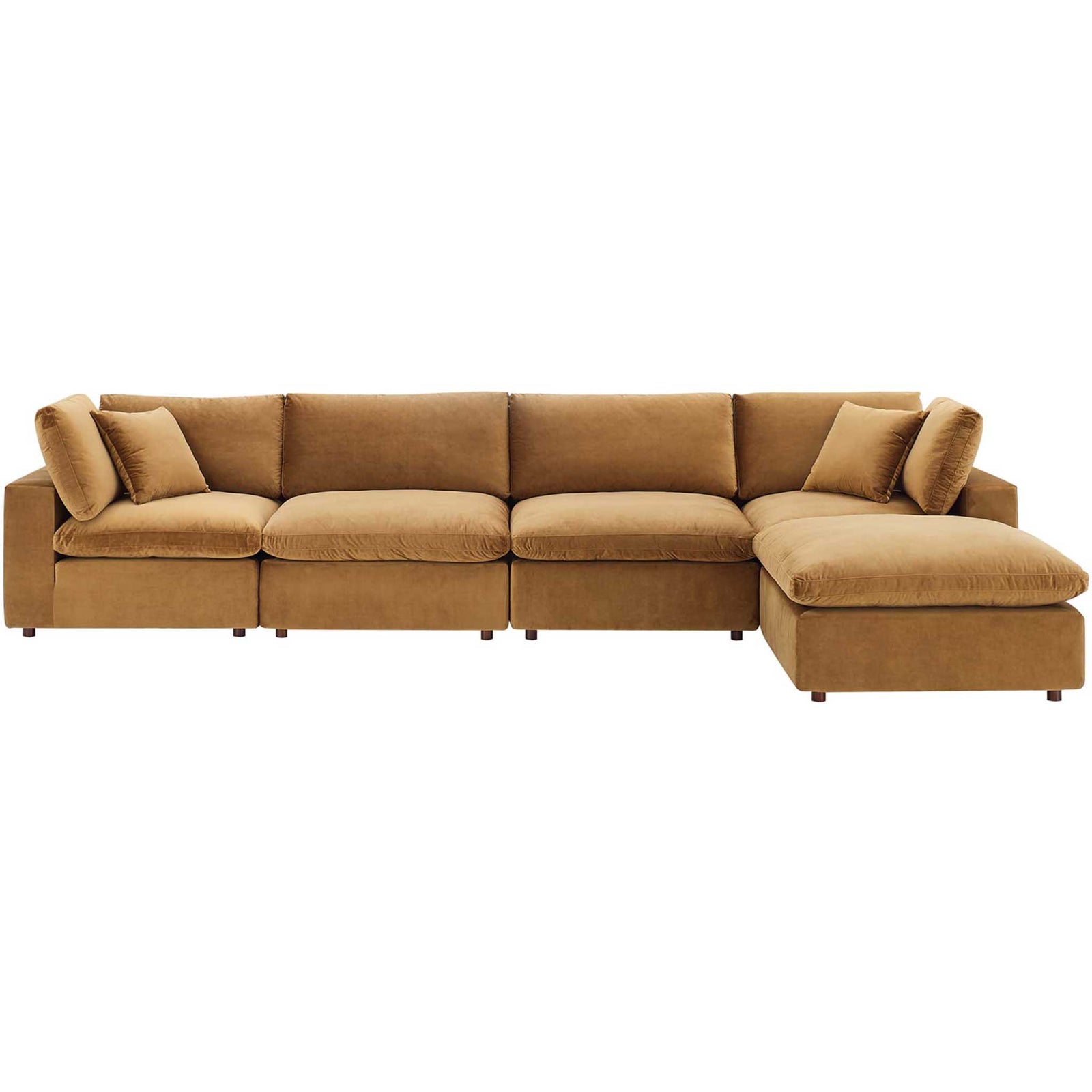 Comino 5-Piece Down-Filled Velvet L-Shaped Sofa with Ottoman Cognac
