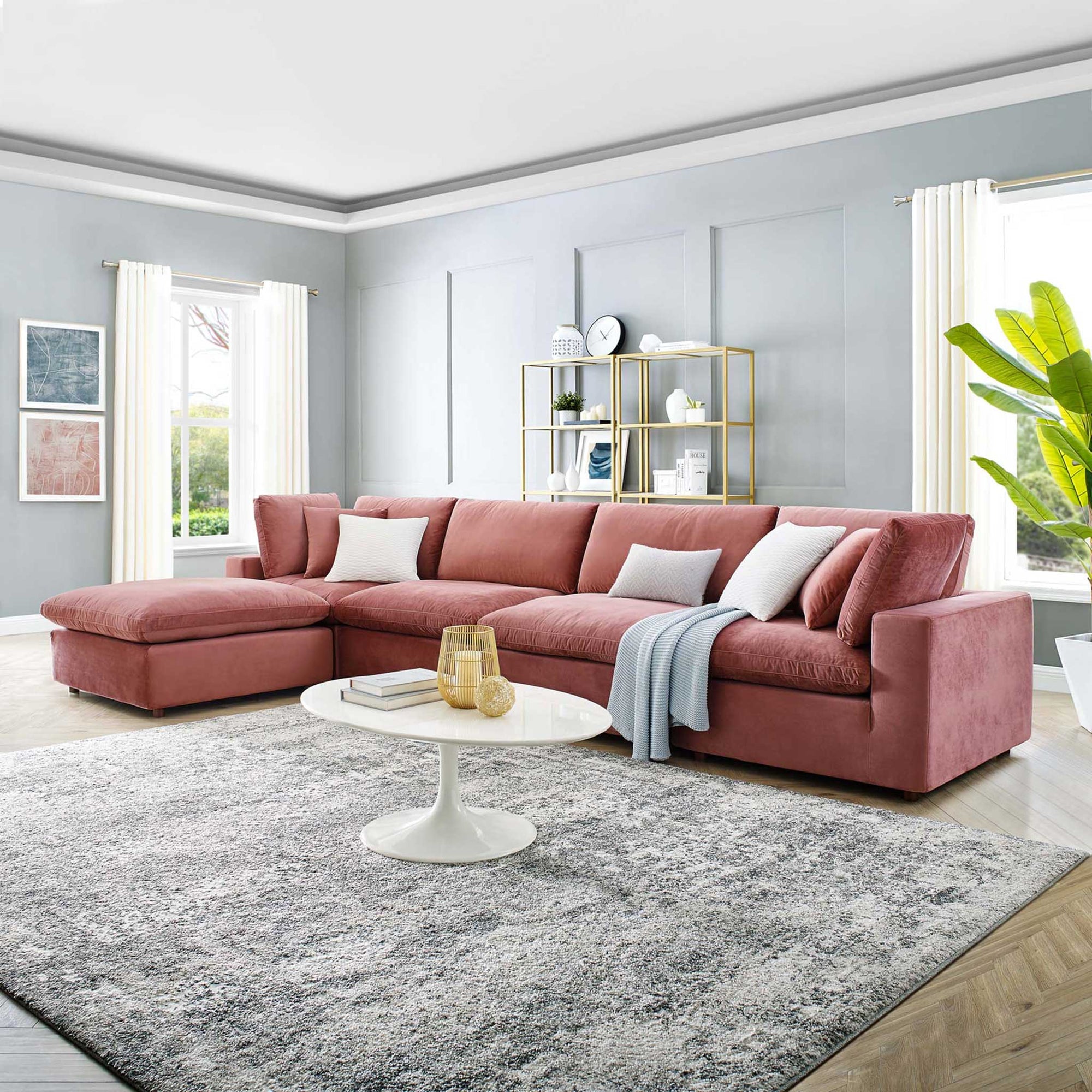 Carmen 5 Piece Modular Velvet Sofa with Ottoman Dusty Rose