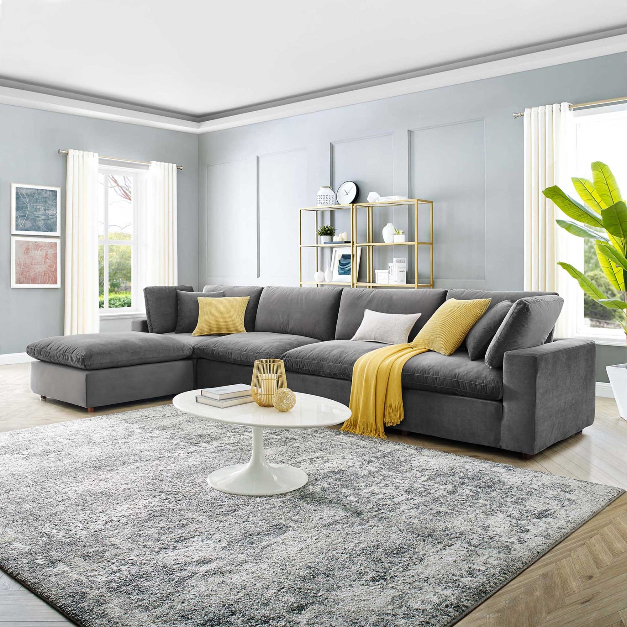 Carmen 5 Piece Modular Velvet Sofa with Ottoman Gray