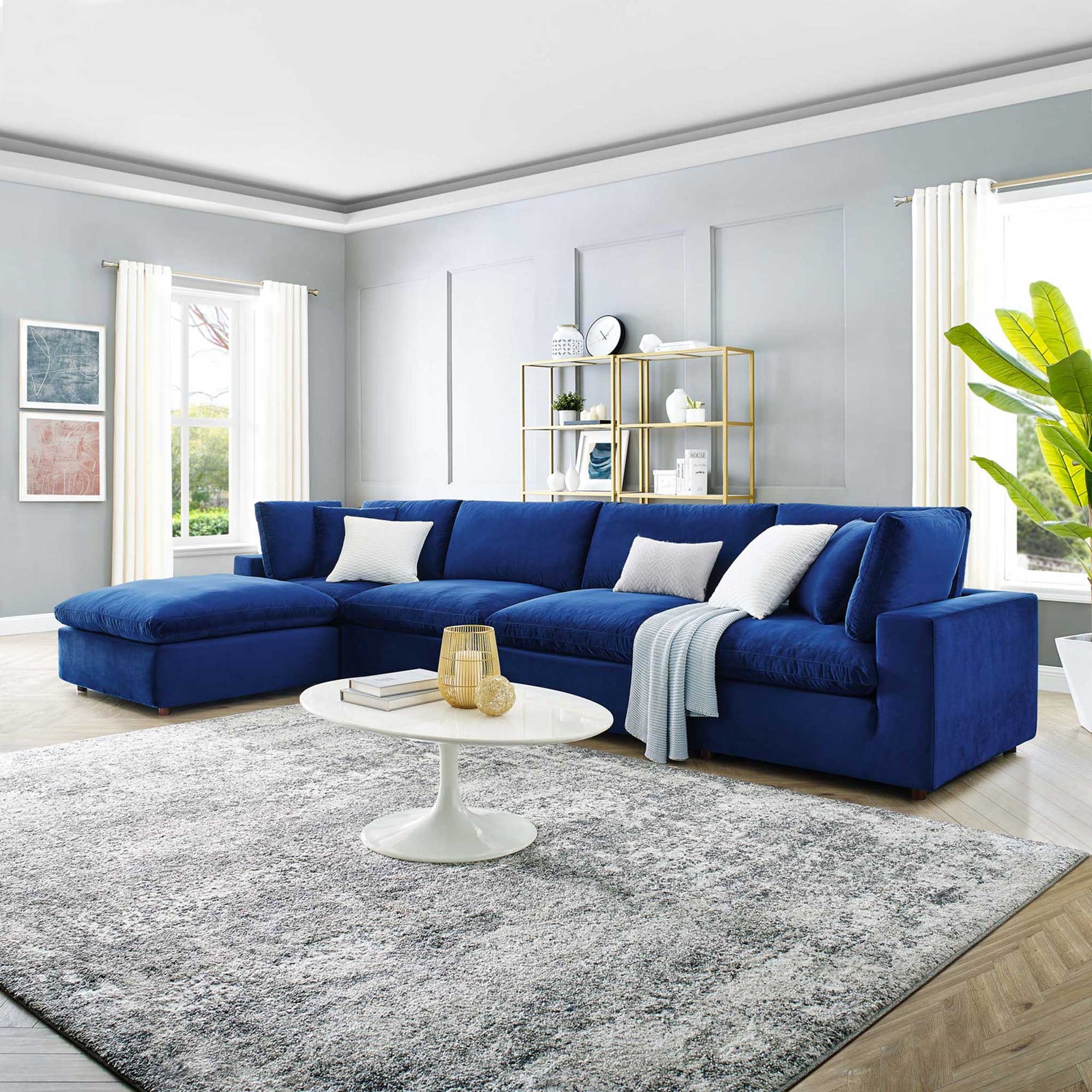 Carmen 5 Piece Modular Velvet Sofa with Ottoman Navy