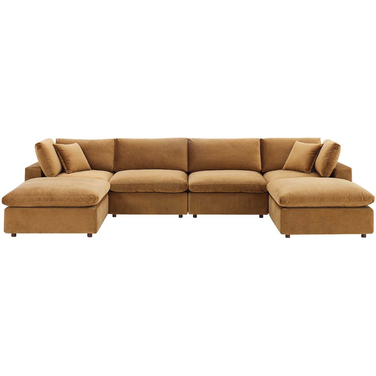 Comino 6-Piece Down-Filled Velvet U-Shaped Sofa with Ottomans Cognac