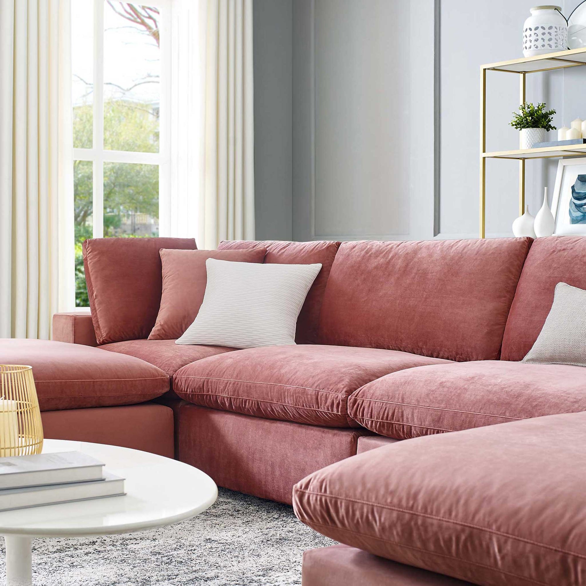 Carmen 6 Piece Modular Velvet Sofa with Ottomans Dusty Rose