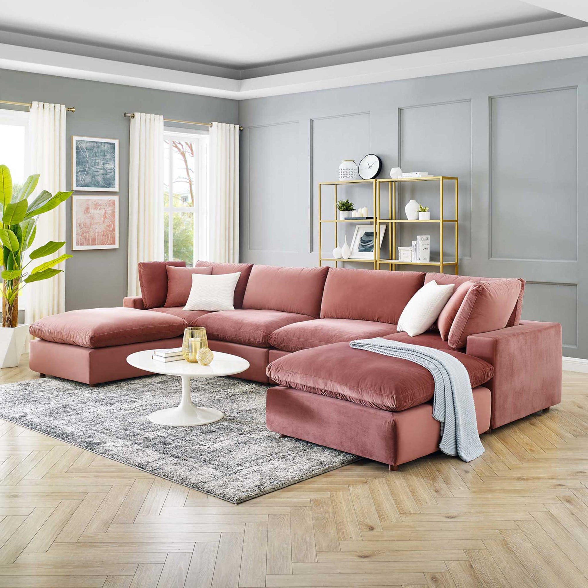 Carmen 6 Piece Modular Velvet Sofa with Ottomans Dusty Rose