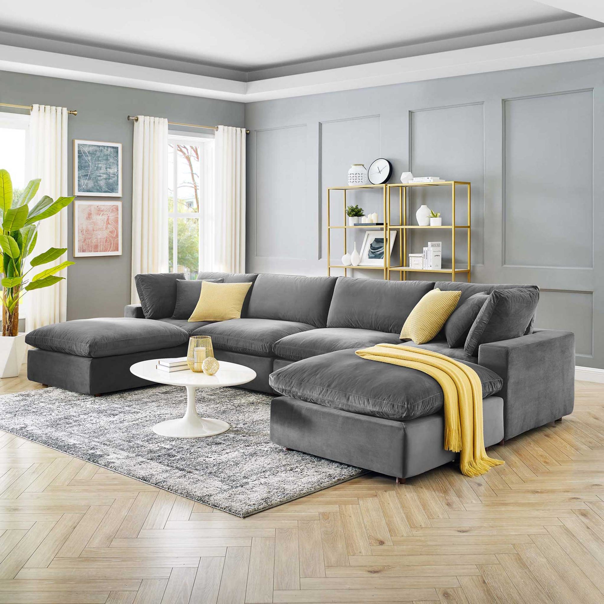 Carmen 6 Piece Modular Velvet Sofa with Ottomans Gray