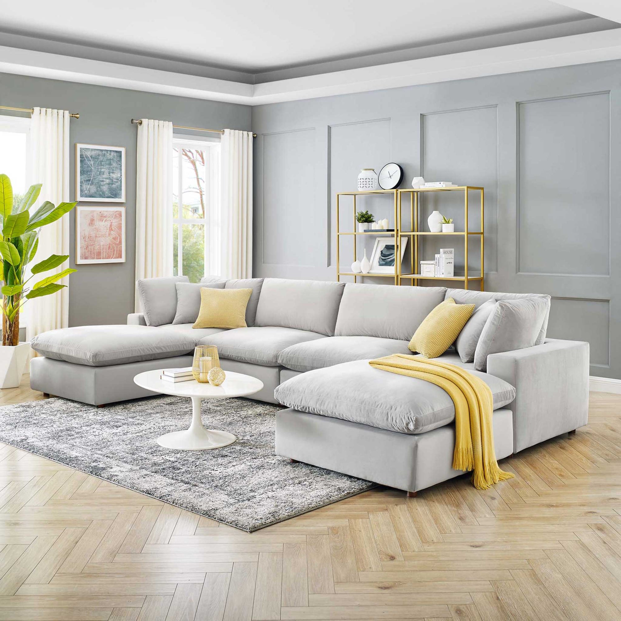 Carmen 6 Piece Modular Velvet Sofa with Ottomans Light Gray