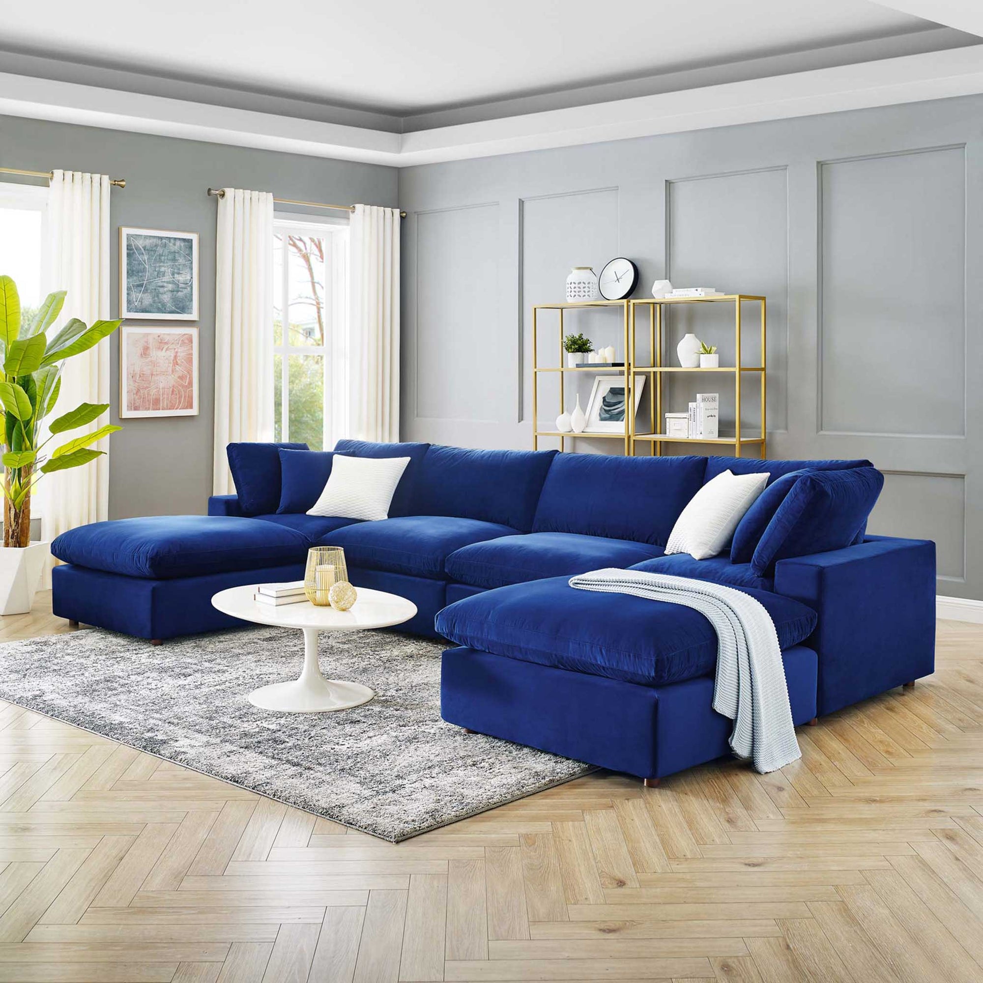 Carmen 6 Piece Modular Velvet Sofa with Ottomans Navy