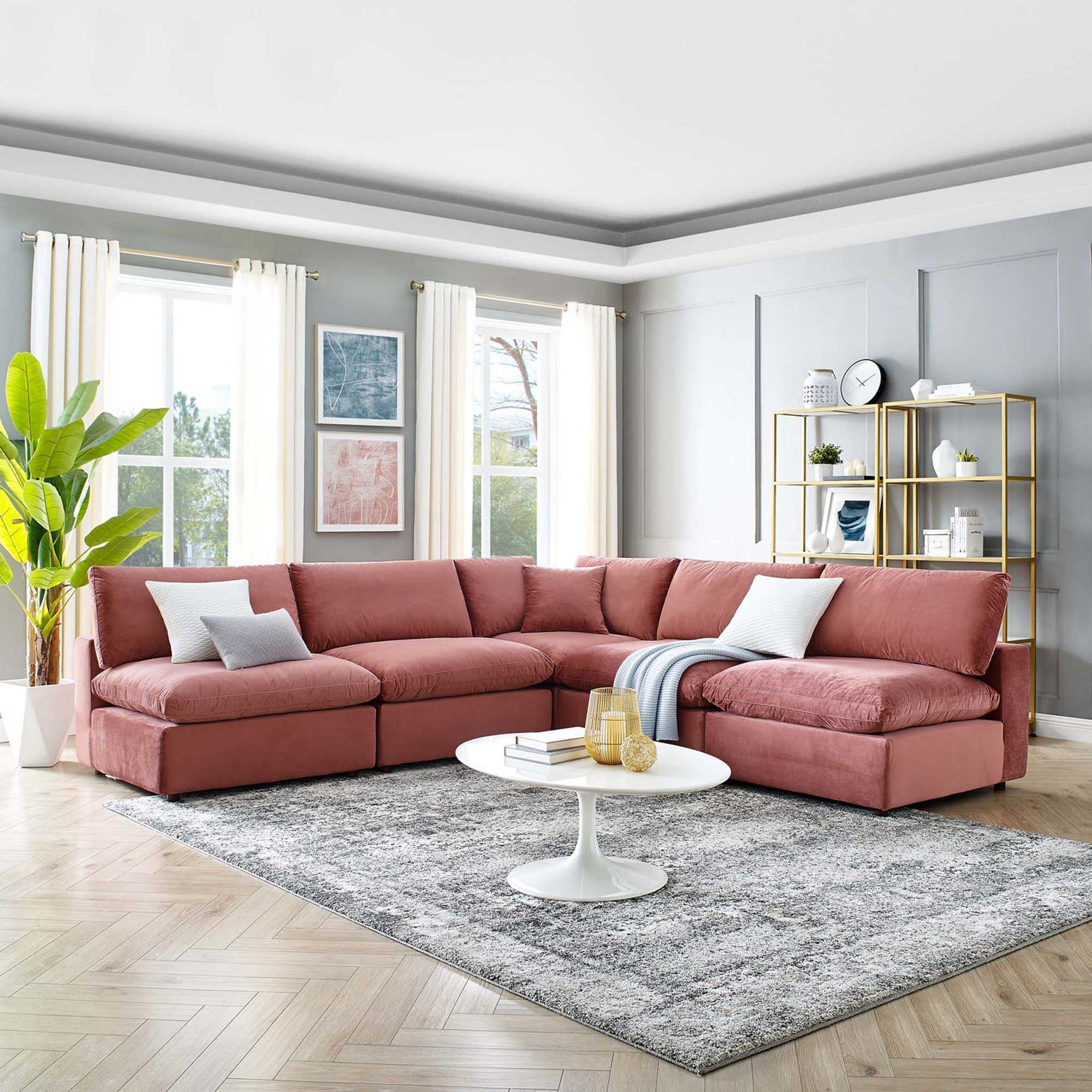 Carmen 5 Piece Armless Modular Velvet Sofa Dusty Rose