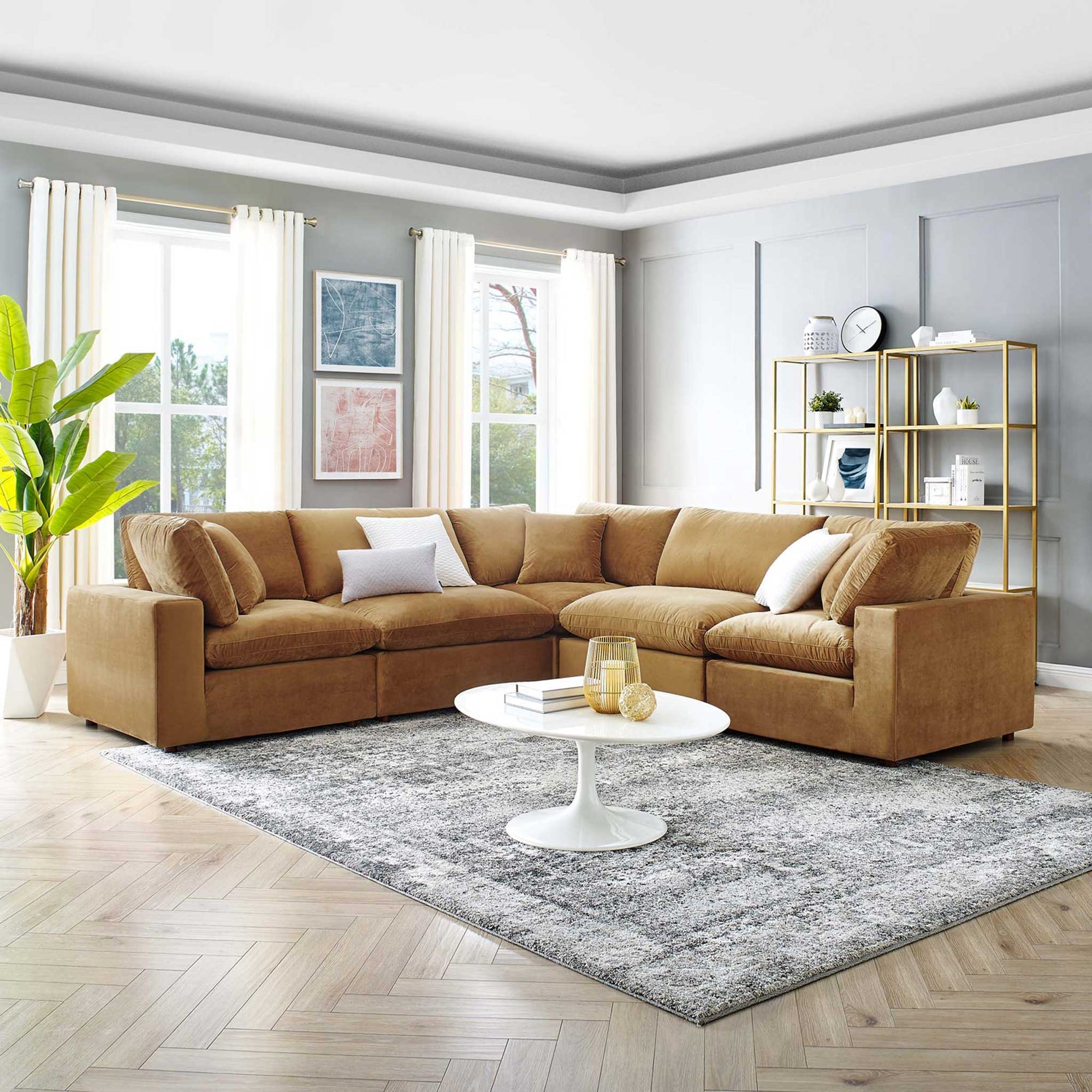 Carmen 5 Piece Modular Sectional Velvet Sofa Cognac