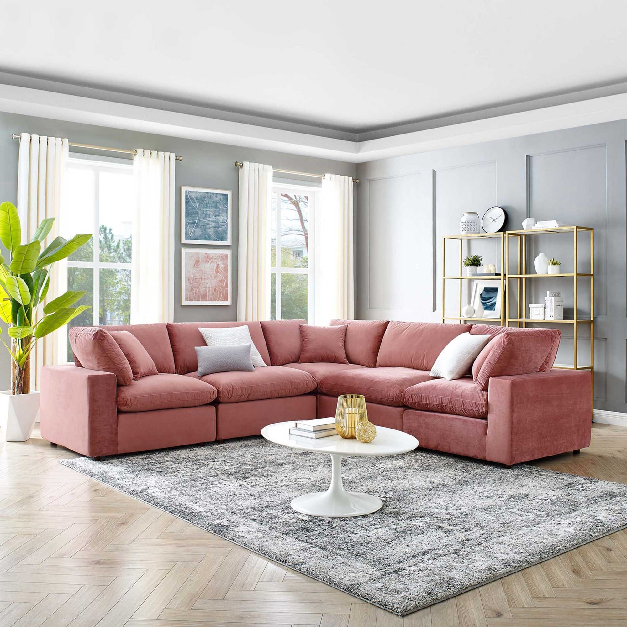 Carmen 5 Piece Modular Sectional Velvet Sofa Dusty Rose