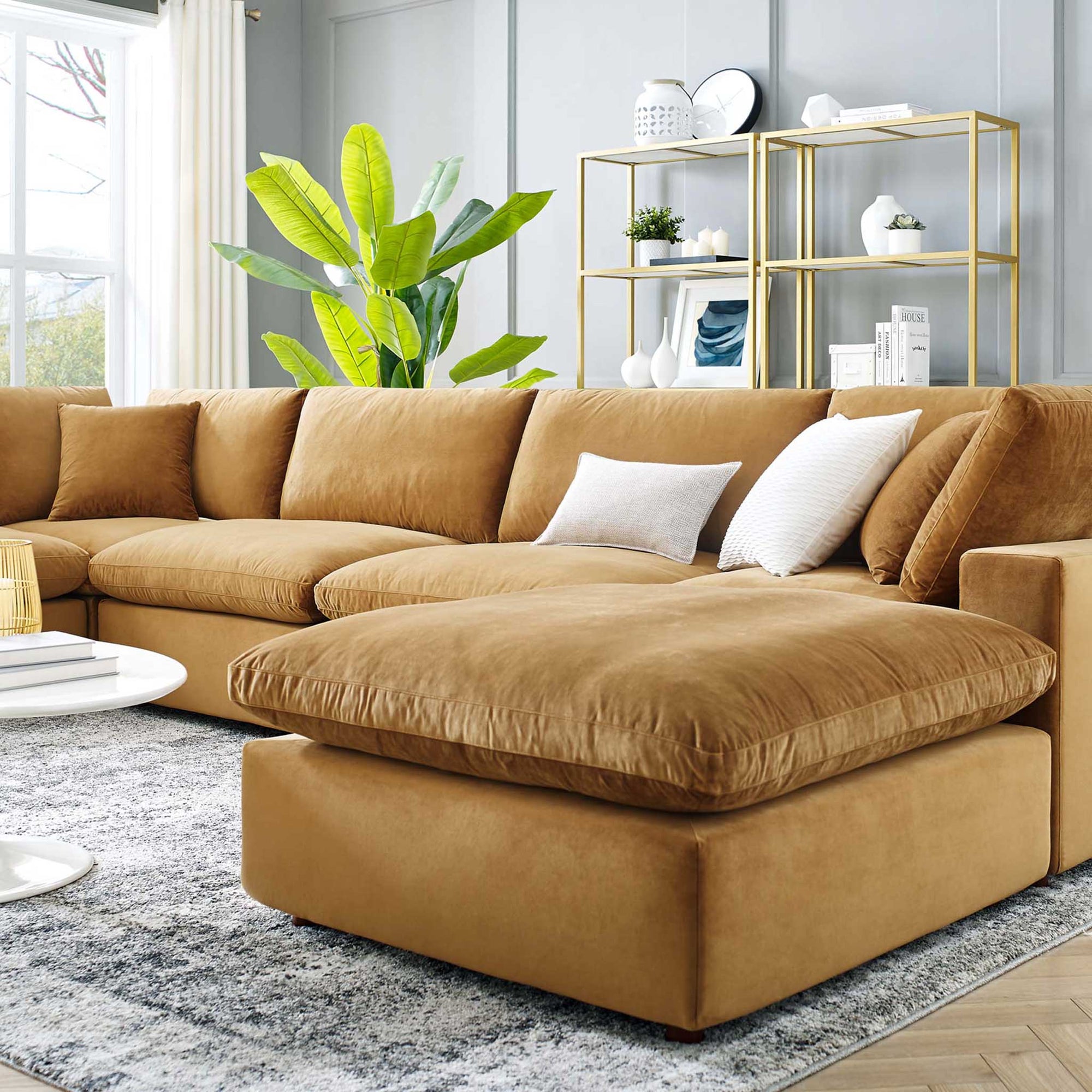 Carmen 7 Piece Modular Velvet Sofa with Ottoman Cognac