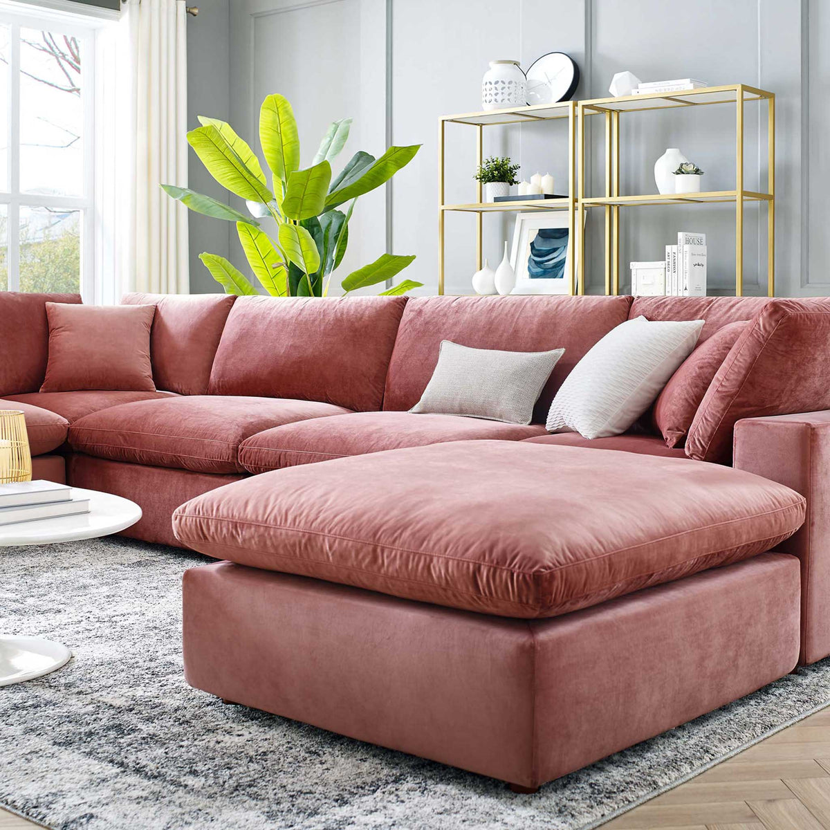 Carmen 7 Piece Modular Velvet Sofa with Ottoman Dusty Rose