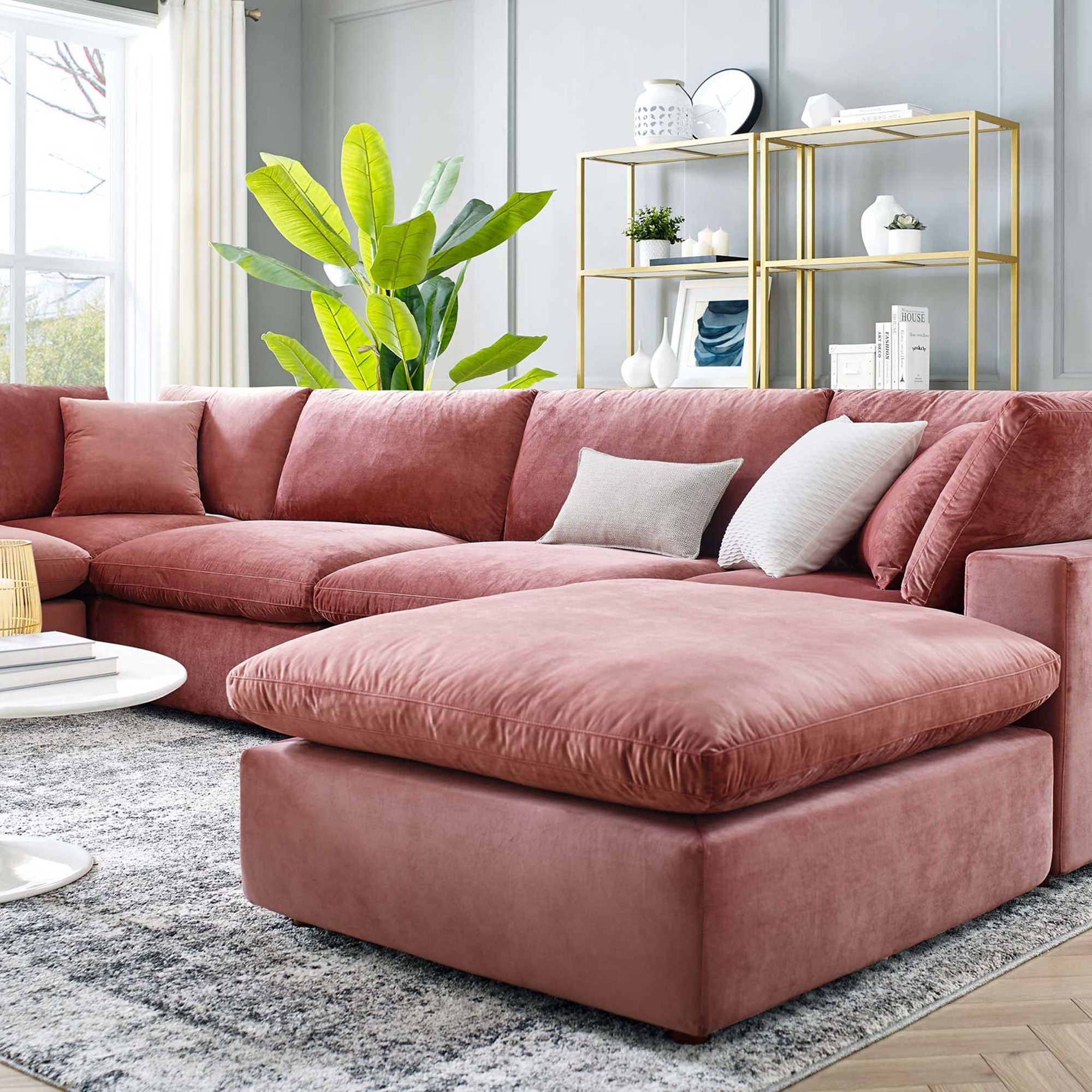 Carmen 7 Piece Modular Velvet Sofa with Ottoman Dusty Rose