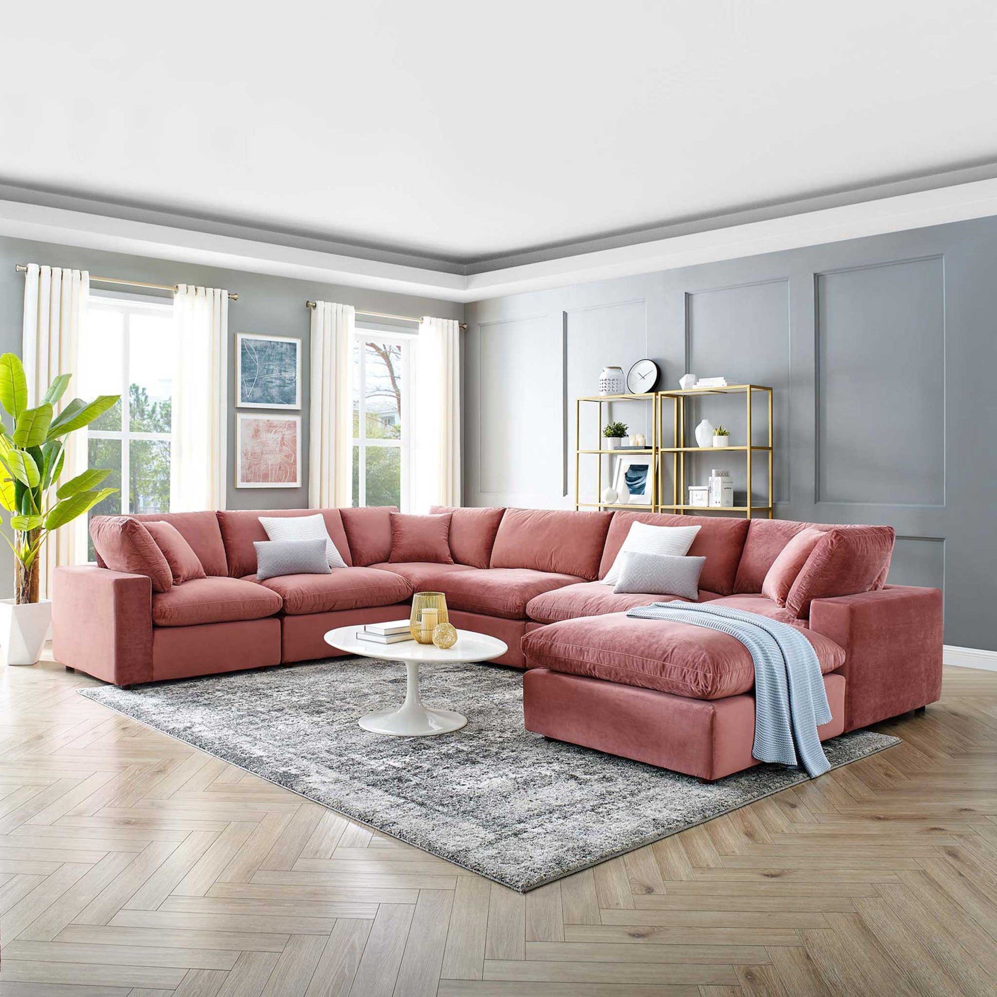 Carmen 7 Piece Modular Velvet Sofa with Ottoman Dusty Rose