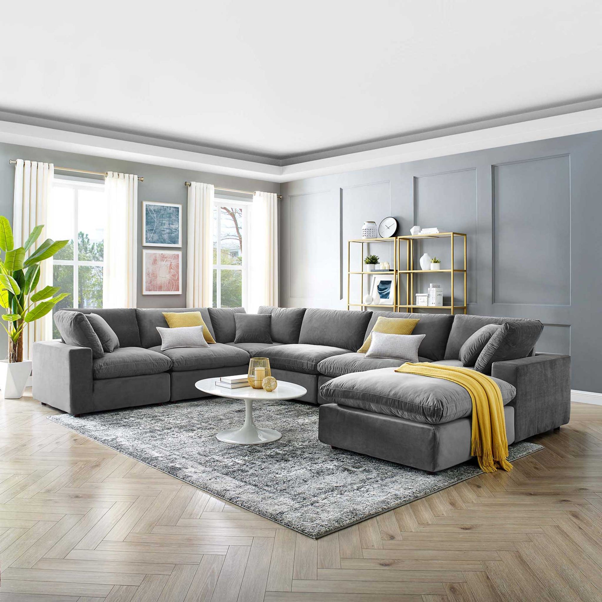 Carmen 7 Piece Modular Velvet Sofa with Ottoman Gray