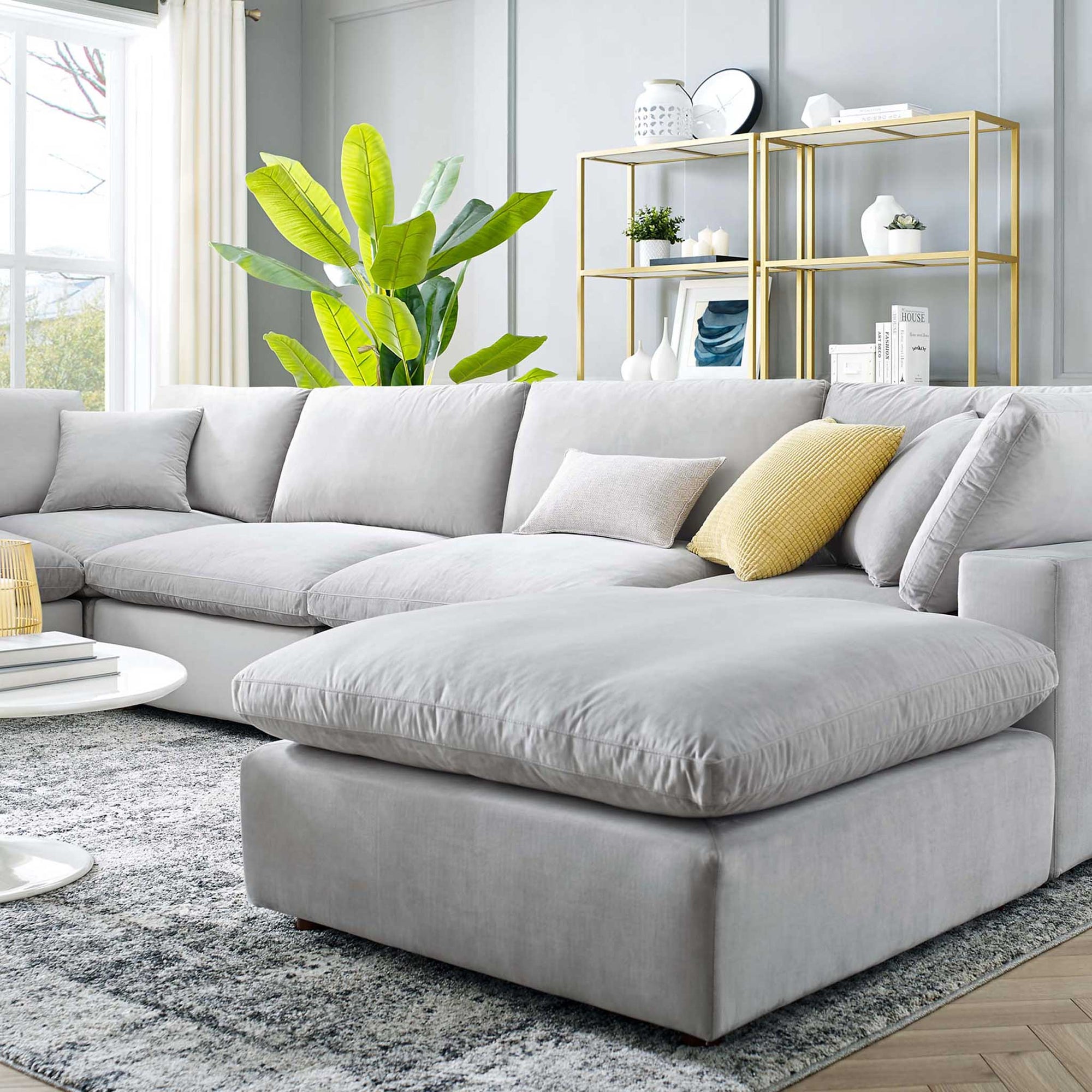 Carmen 7 Piece Modular Velvet Sofa with Ottoman Light Gray