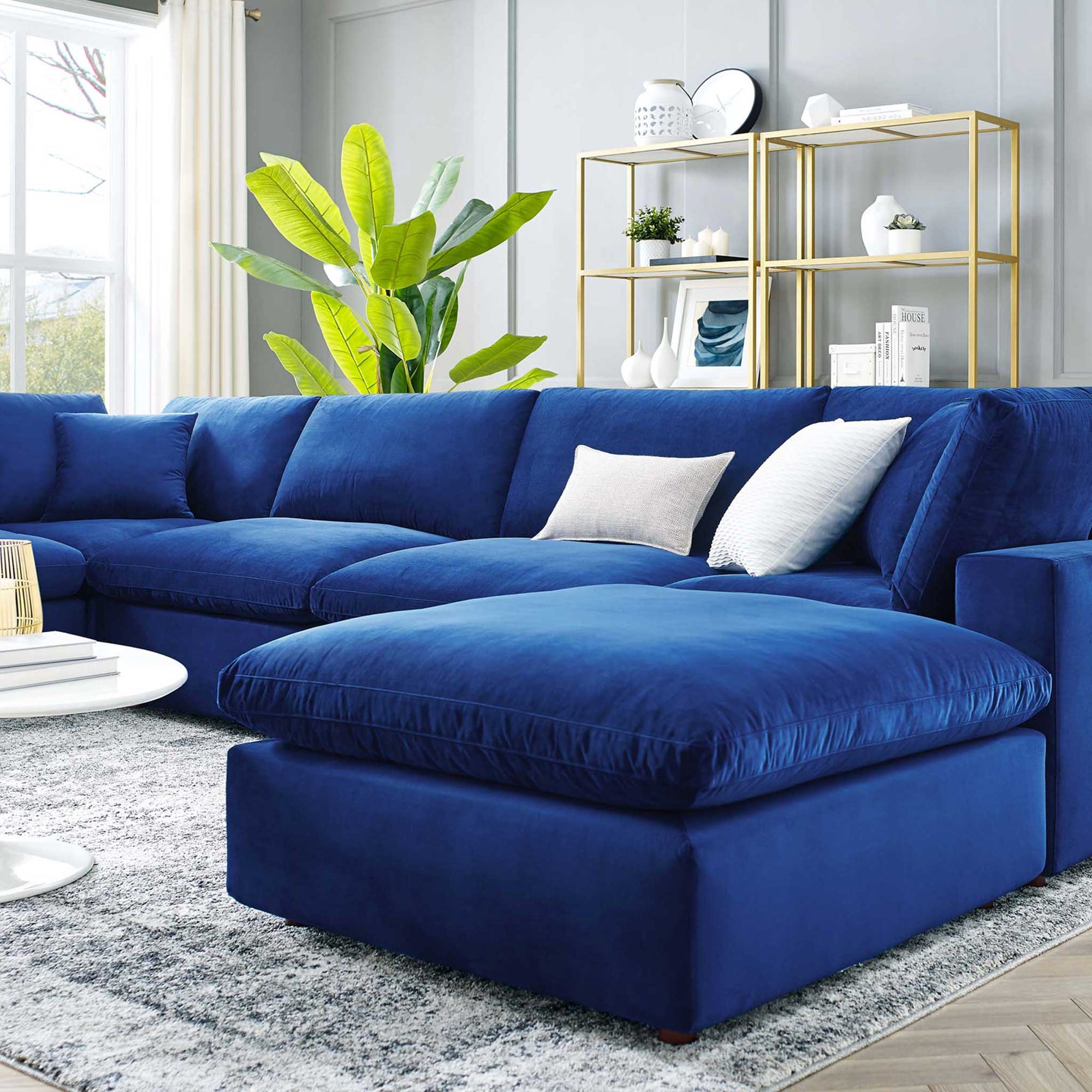 Carmen 7 Piece Modular Velvet Sofa with Ottoman Navy