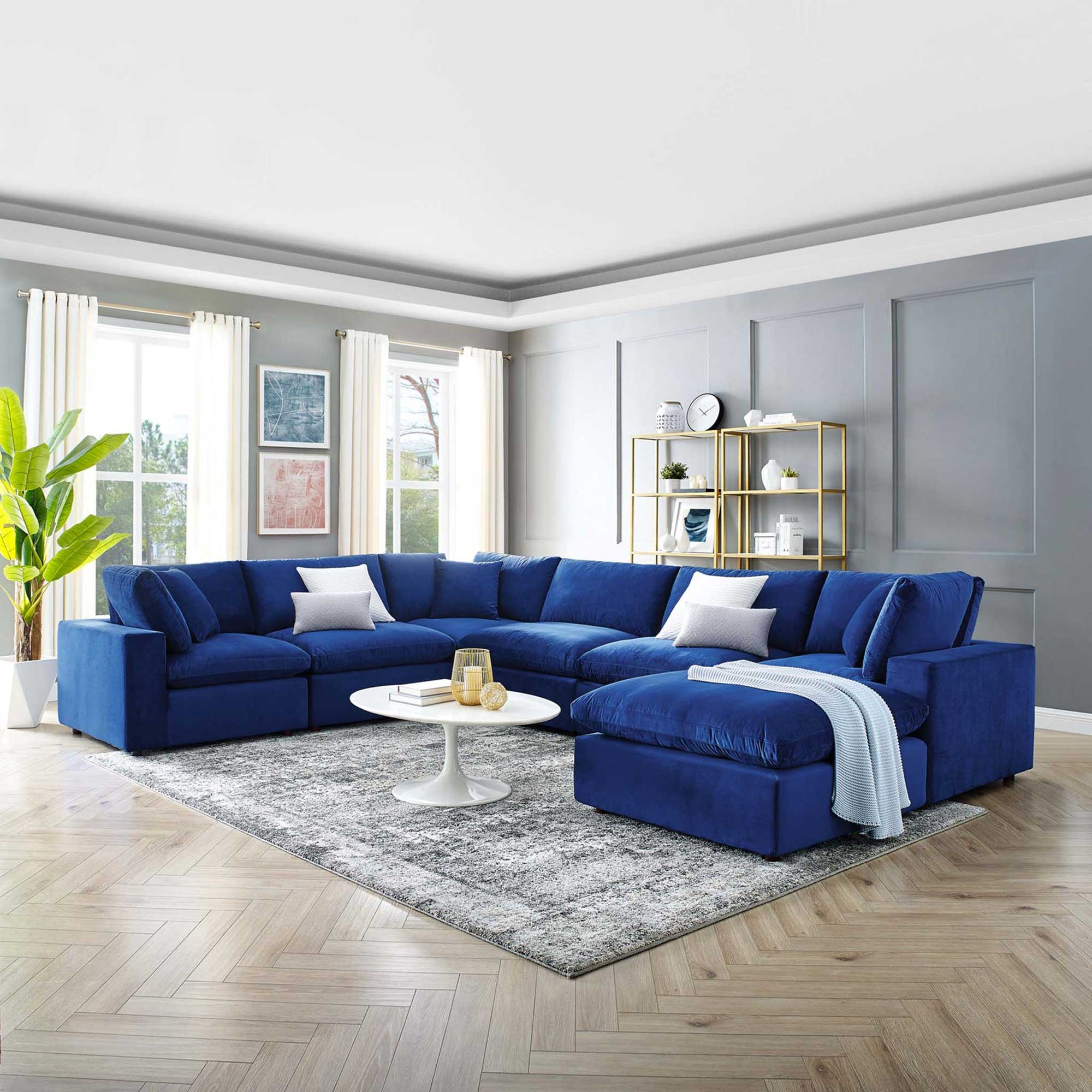 Carmen 7 Piece Modular Velvet Sofa with Ottoman Navy