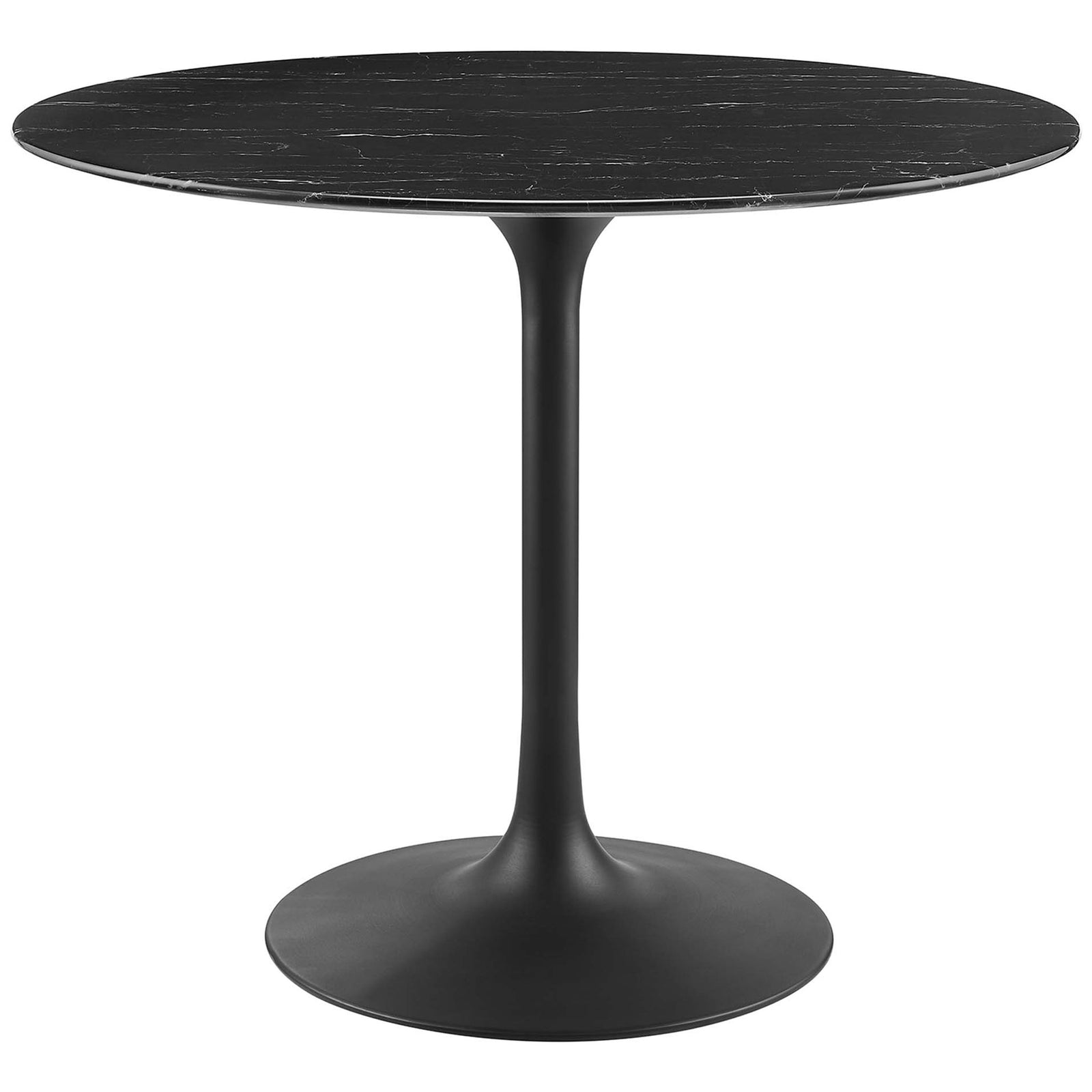 Modern 36 inch black faux marble pedestal dining table for intimate meals. || EEI-4868-BLK-BLK || front_studio