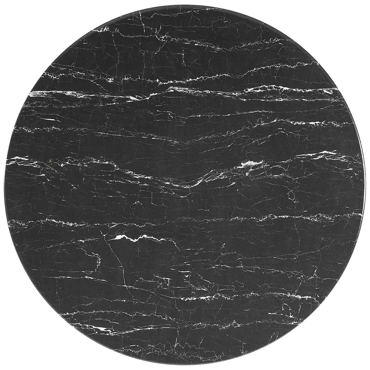 Black faux marble 36 inch round tabletop with elegant white veining pattern. || EEI-4868-BLK-BLK || top_studio