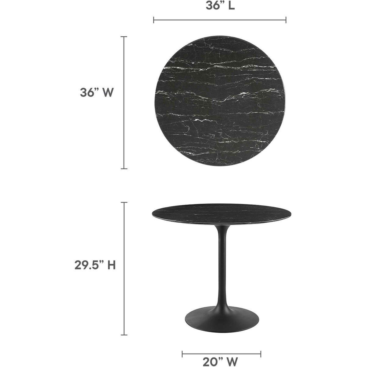Measurement diagram showing overall size and base width of the 36 inch round pedestal table. || EEI-4868-BLK-BLK || dimension_studio