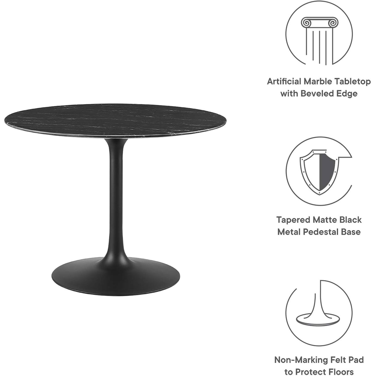 Feature graphic for 40 inch table highlighting artificial marble top and tapered metal pedestal. || EEI-4876-BLK-BLK || callout_studio