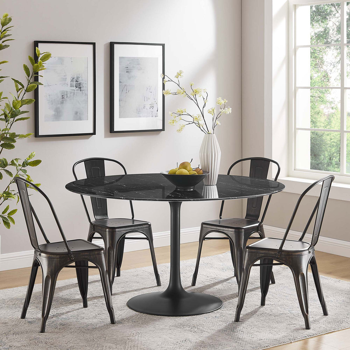 54 inch black faux marble dining table styled with four metal chairs in a bright dining room. || EEI-4878-BLK-BLK || front_room