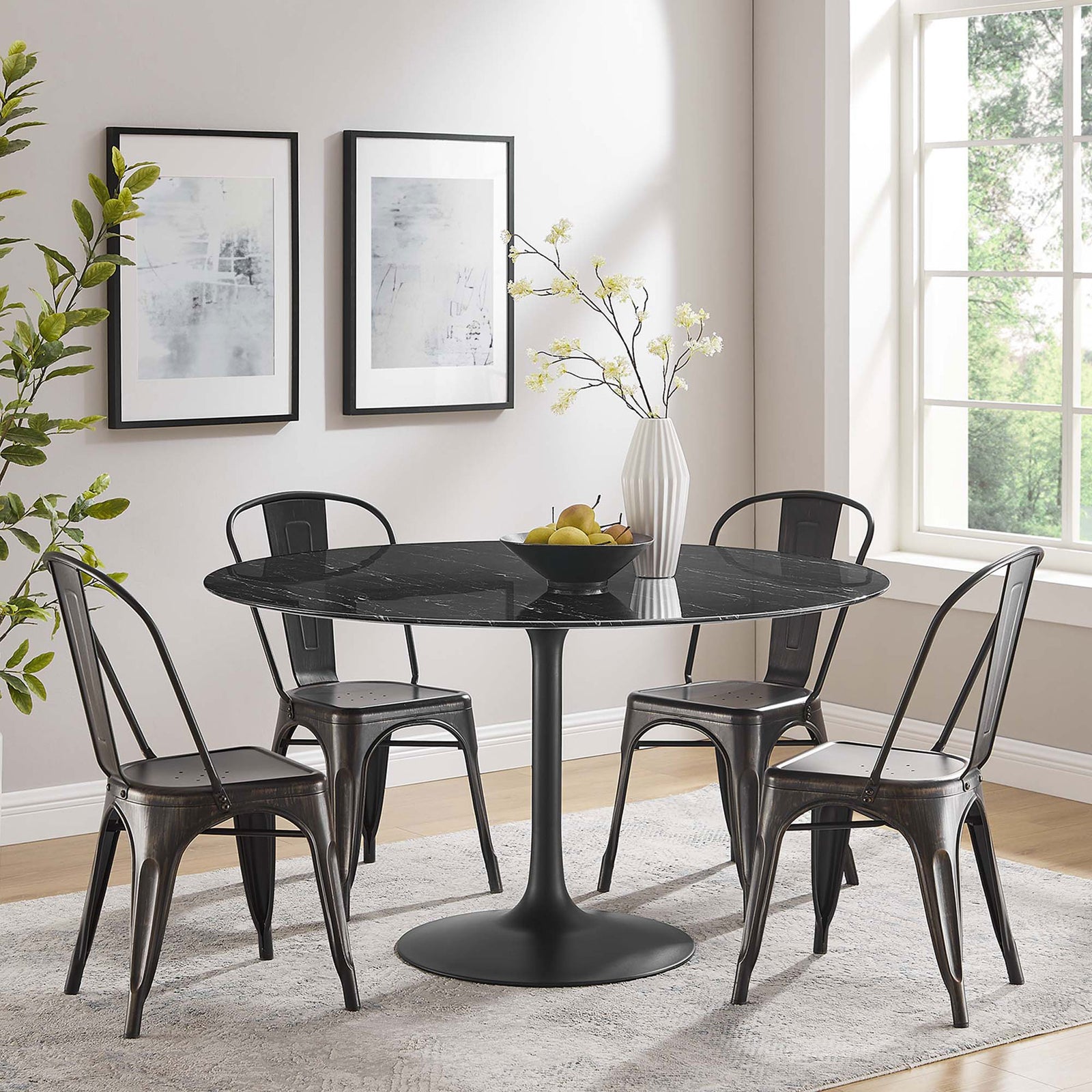 54 inch black faux marble dining table styled with four metal chairs in a bright dining room. || EEI-4878-BLK-BLK || front_room