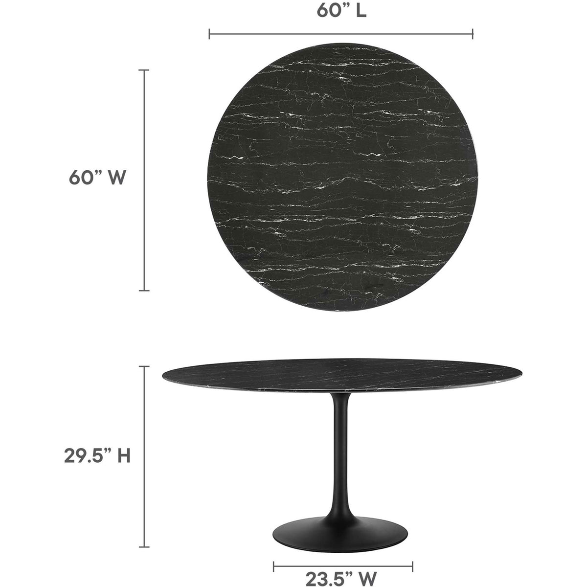 Measurement diagram detailing 60 inch round tabletop diameter, height, and base width. || EEI-4879-BLK-BLK || dimension_studio